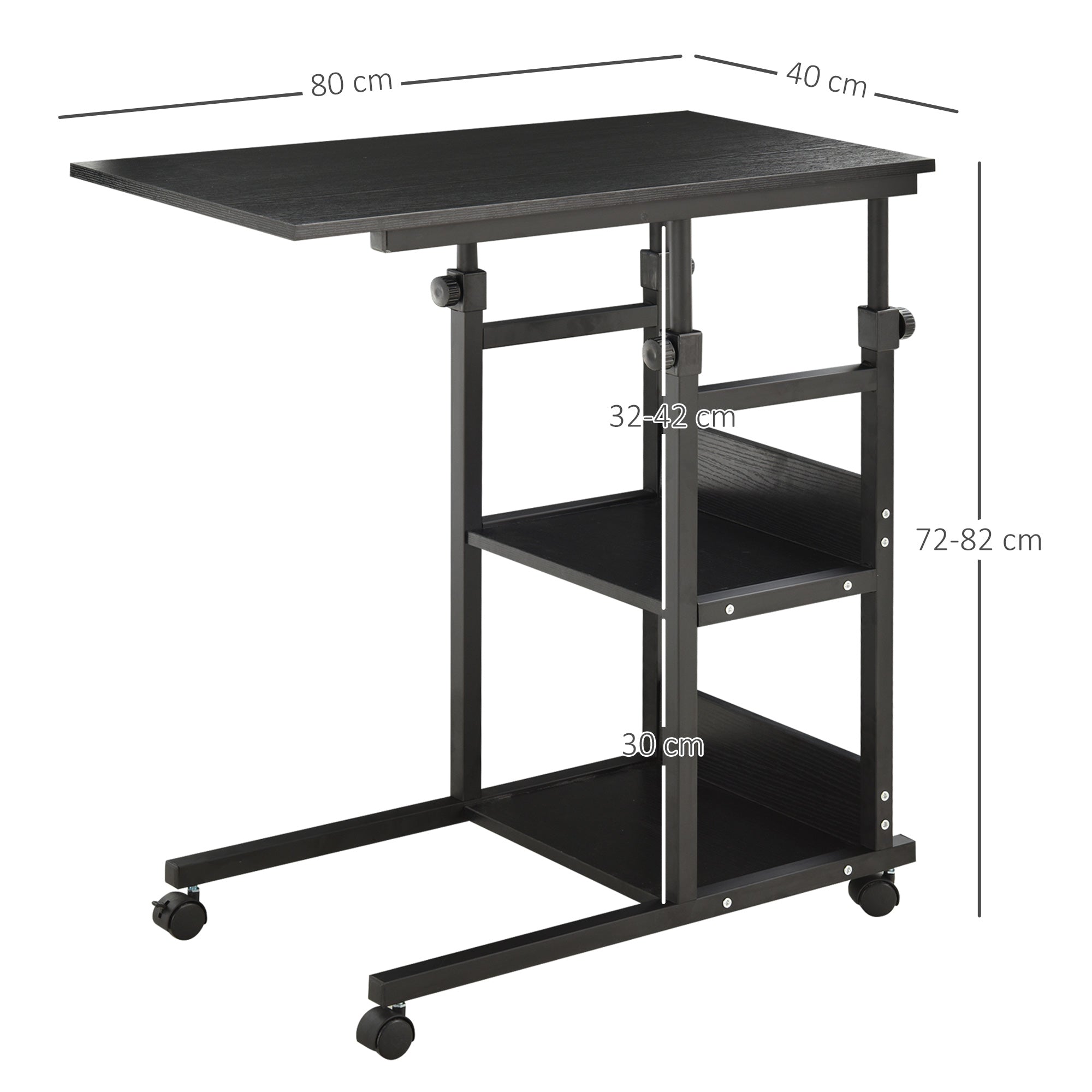 Mesa Lateral Forma de C com Rodas Giratórias, Altura Ajustável 80x40x72-82cm Preto
