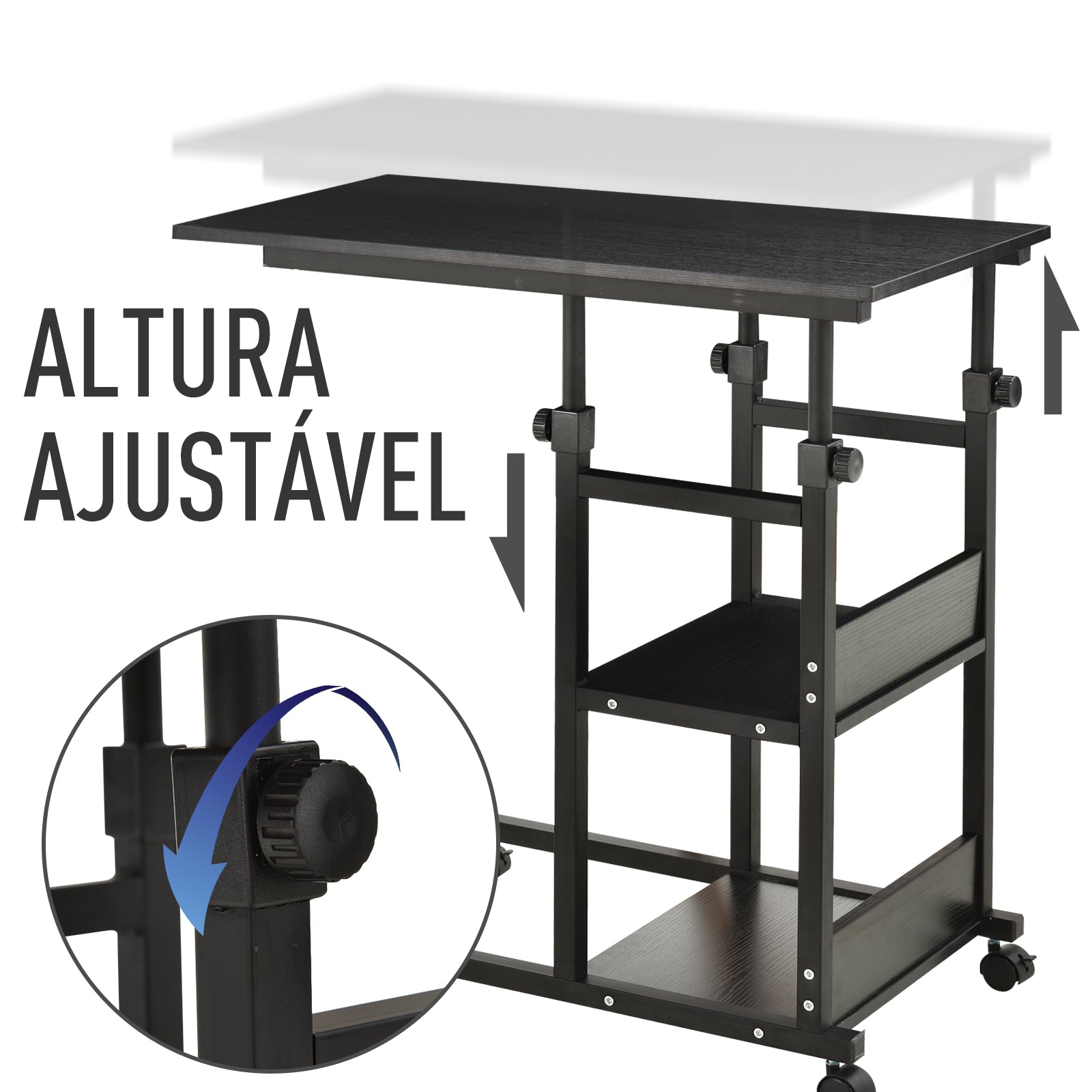 Mesa Lateral Forma de C com Rodas Giratórias, Altura Ajustável 80x40x72-82cm Preto