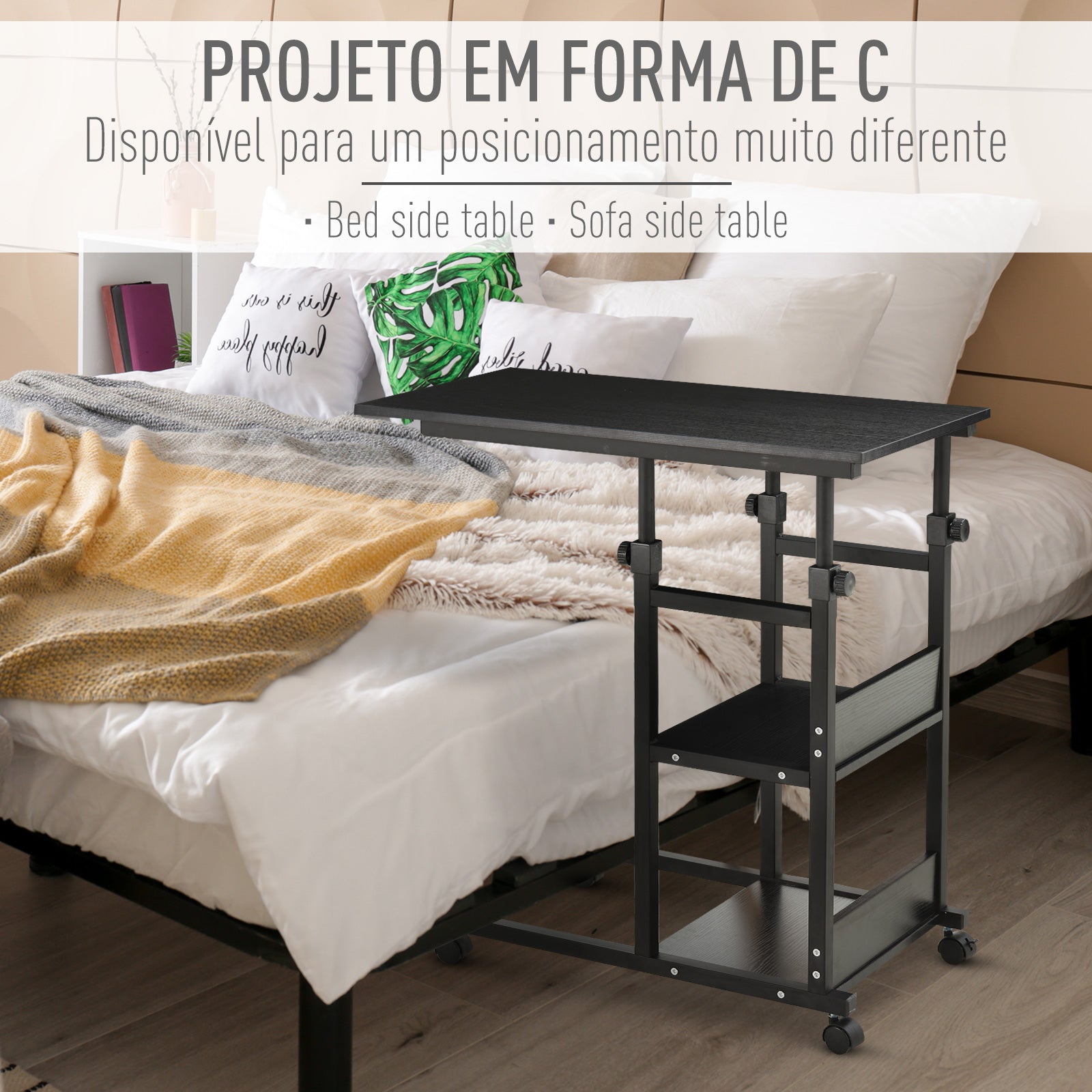 Mesa Lateral Forma de C com Rodas Giratórias, Altura Ajustável 80x40x72-82cm Preto
