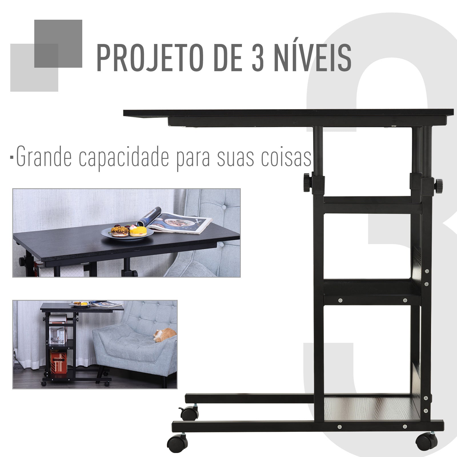 Mesa Lateral Forma de C com Rodas Giratórias, Altura Ajustável 80x40x72-82cm Preto