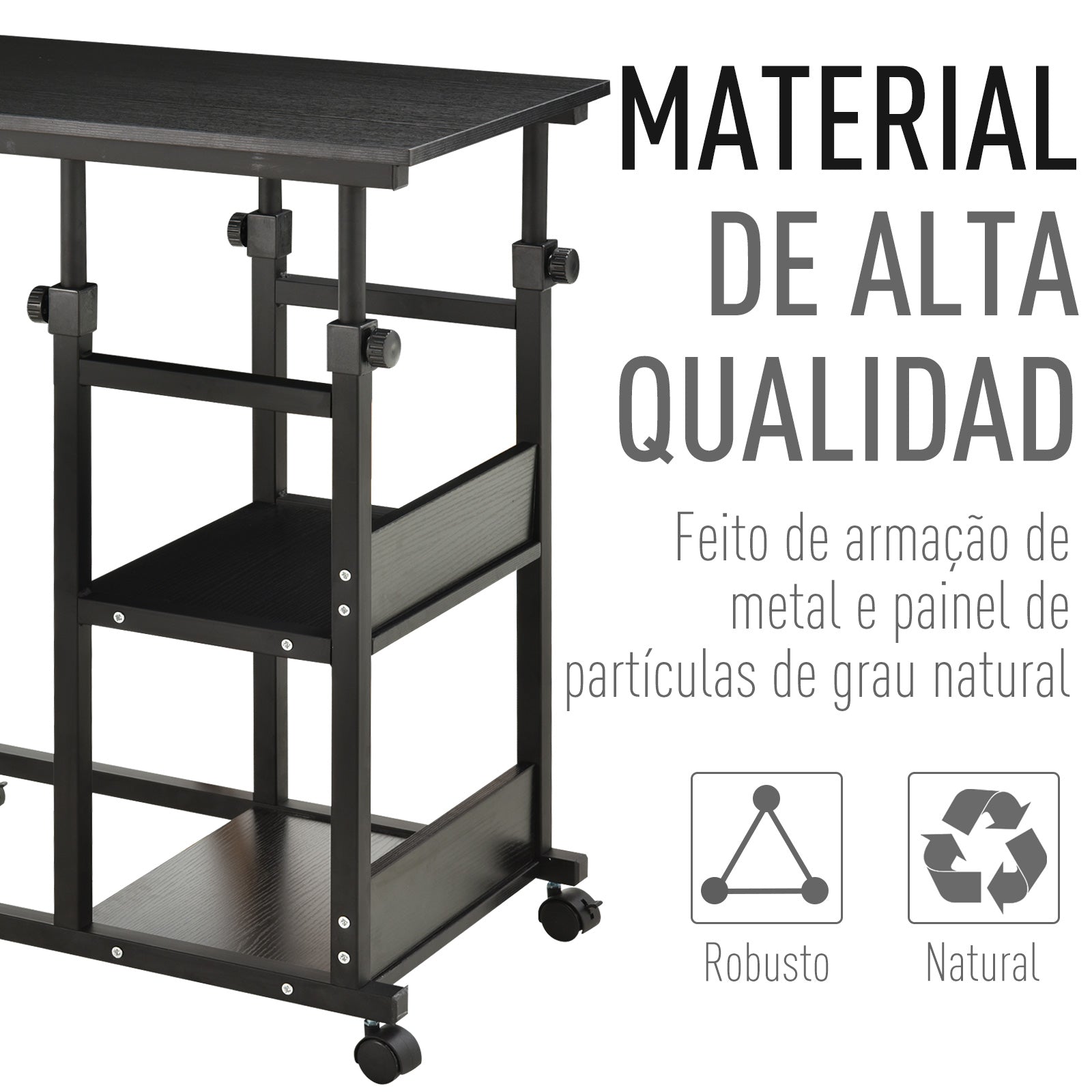 Mesa Lateral Forma de C com Rodas Giratórias, Altura Ajustável 80x40x72-82cm Preto