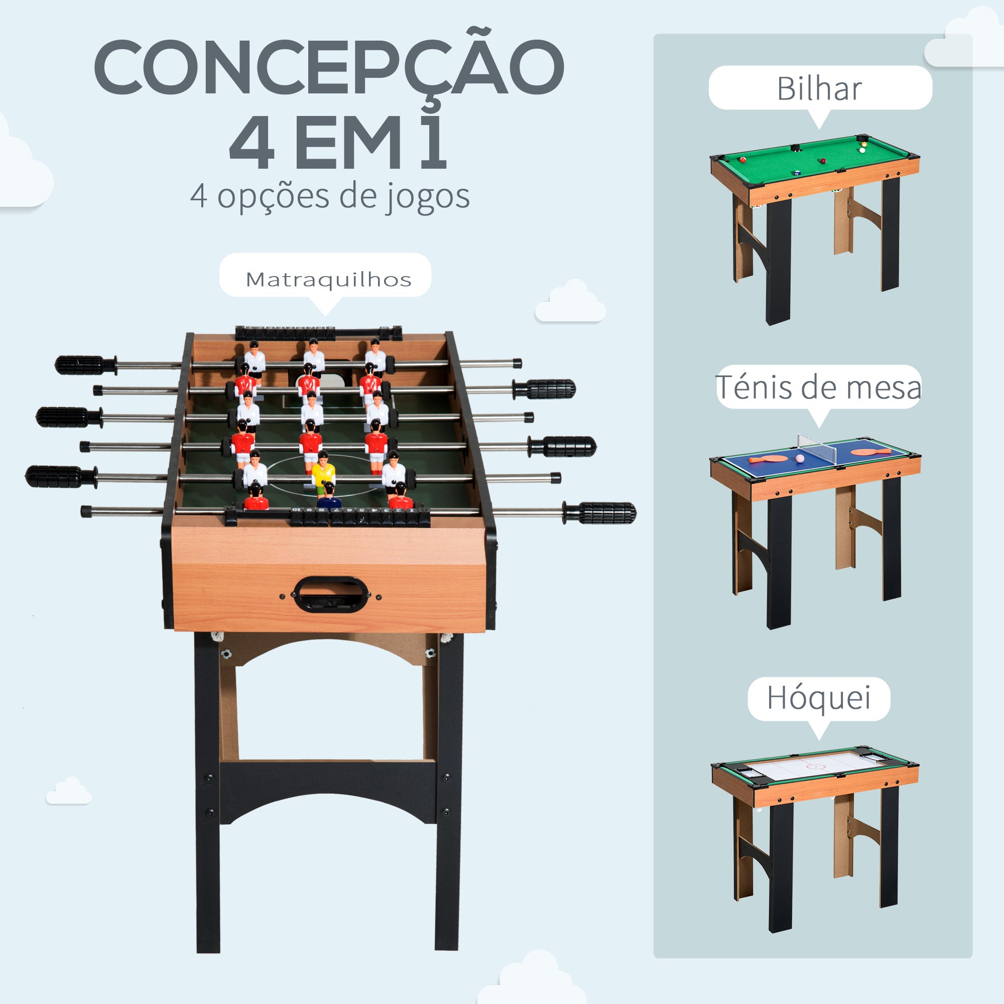 Mesa Multi-Jogos 4 em 1 Madeira e Preto 87x43x73 cm