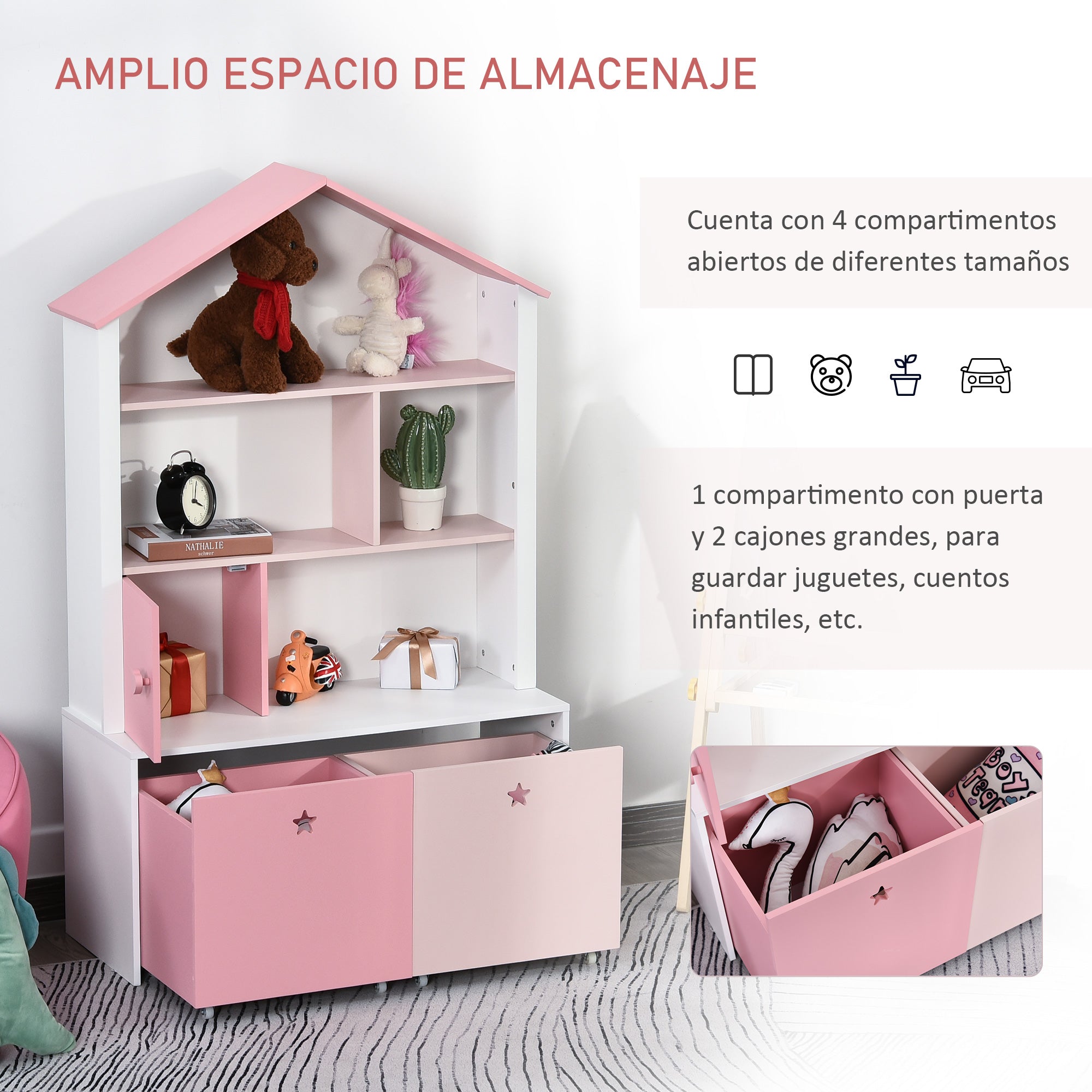 Estante Infantil de Madeira com 4 Compartimentos, 1 Porta e 2 Gavetas - 80x34x130cm - Rosa e Branco