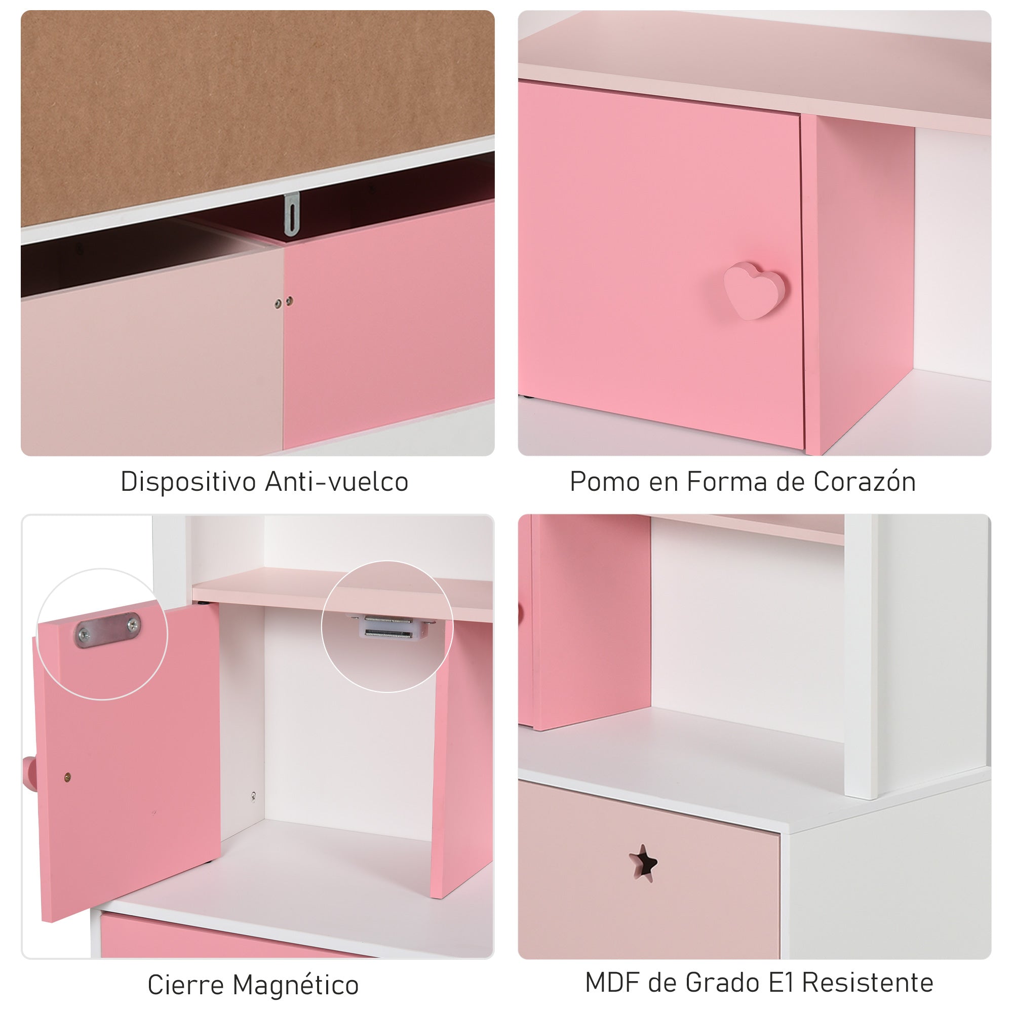 Estante Infantil de Madeira com 4 Compartimentos, 1 Porta e 2 Gavetas - 80x34x130cm - Rosa e Branco