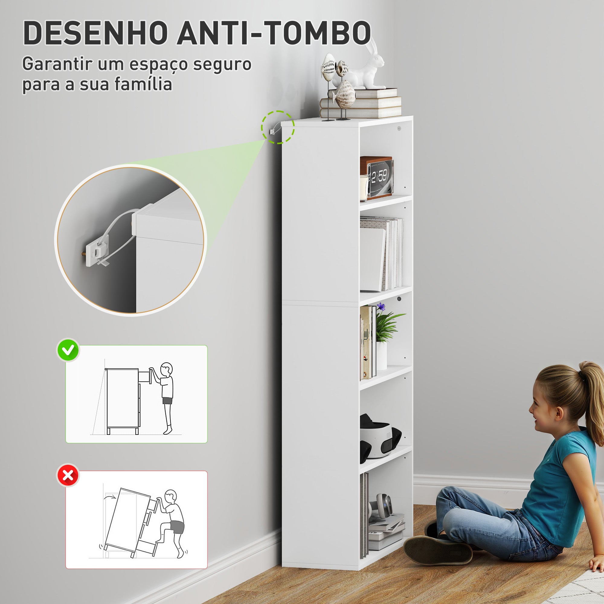 Estante de 5 Níveis Branca para Livros com Prateleiras Ajustáveis 60x24x133,5 cm