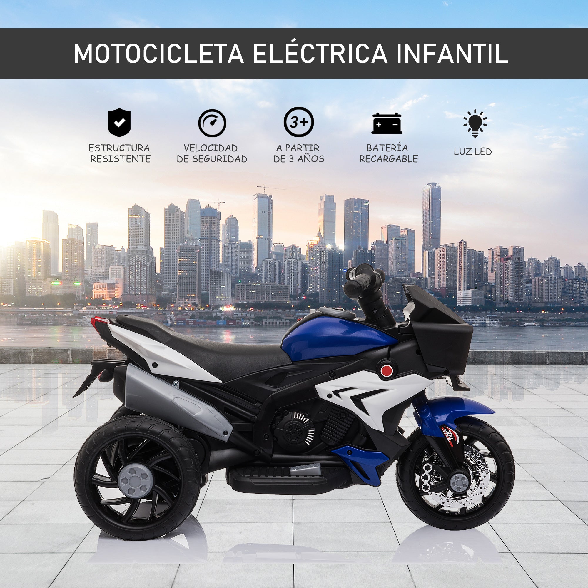 Triciclo Infantil Elétrico com 3 Rodas 86x42x52cm Azul e Preto