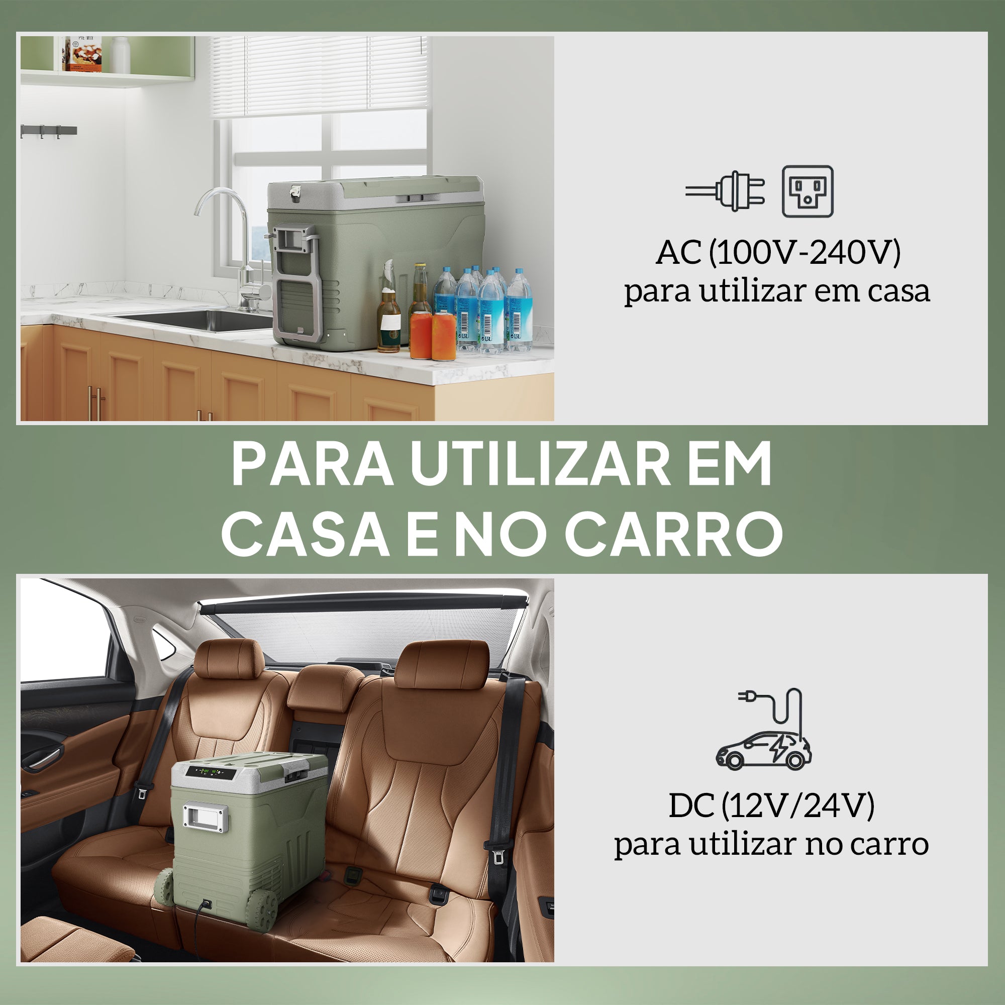 Geleira Portátil Elétrica 45L - 64,5x43,5x53 cm - Cinzento e Verde