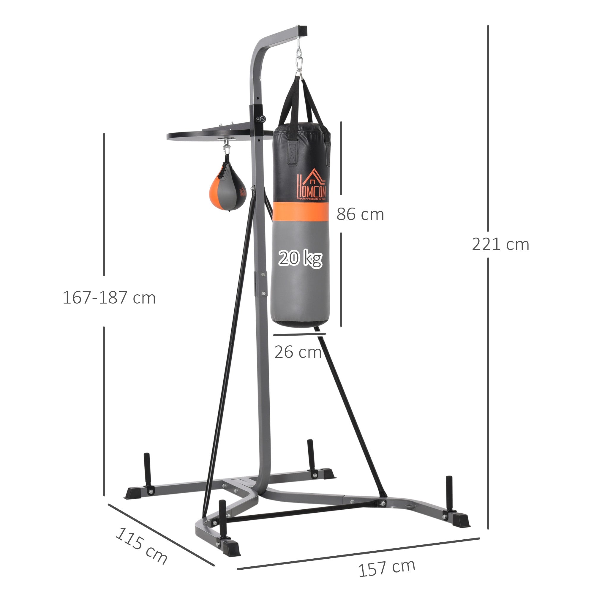 Saco de Boxe Suspenso Multifuncional 115x157x221 cm Preto e Cinza