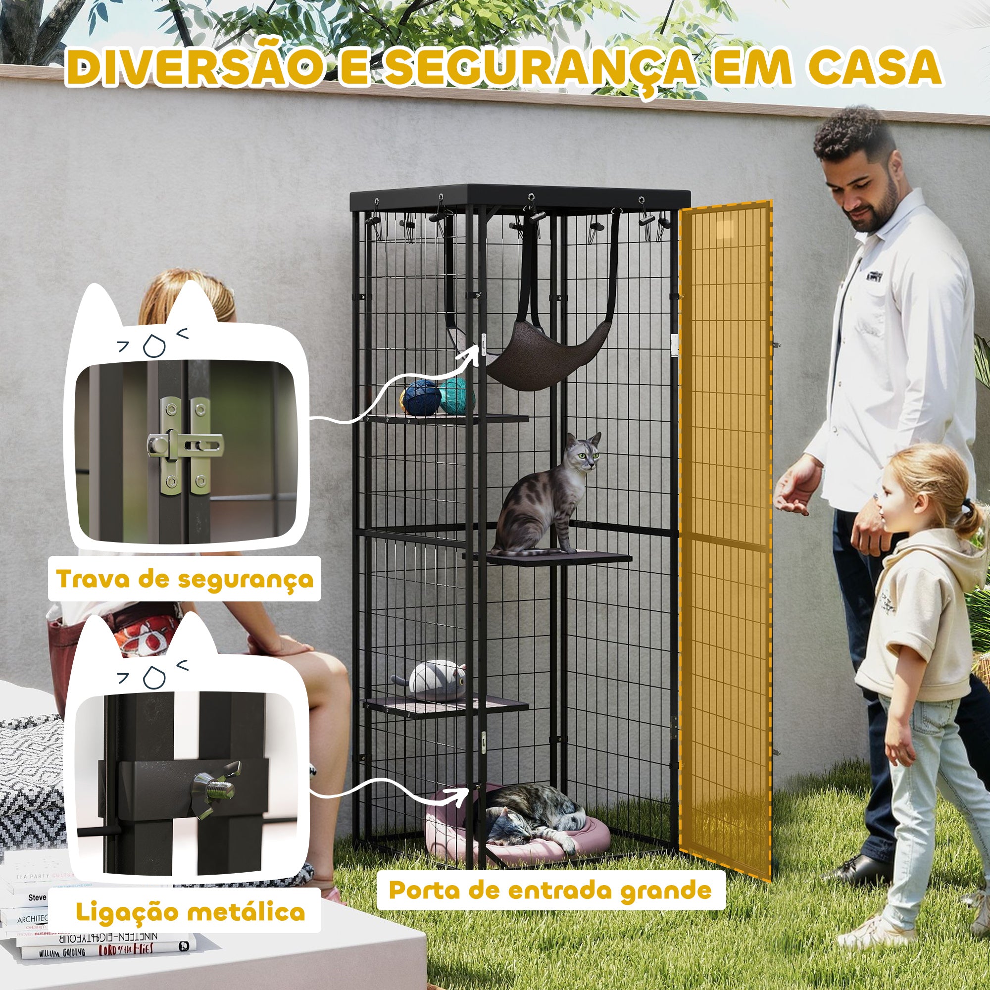 Gaiola para Gatos Espaçosa com Cobertura Impermeável 61,5x55x157 cm Preto