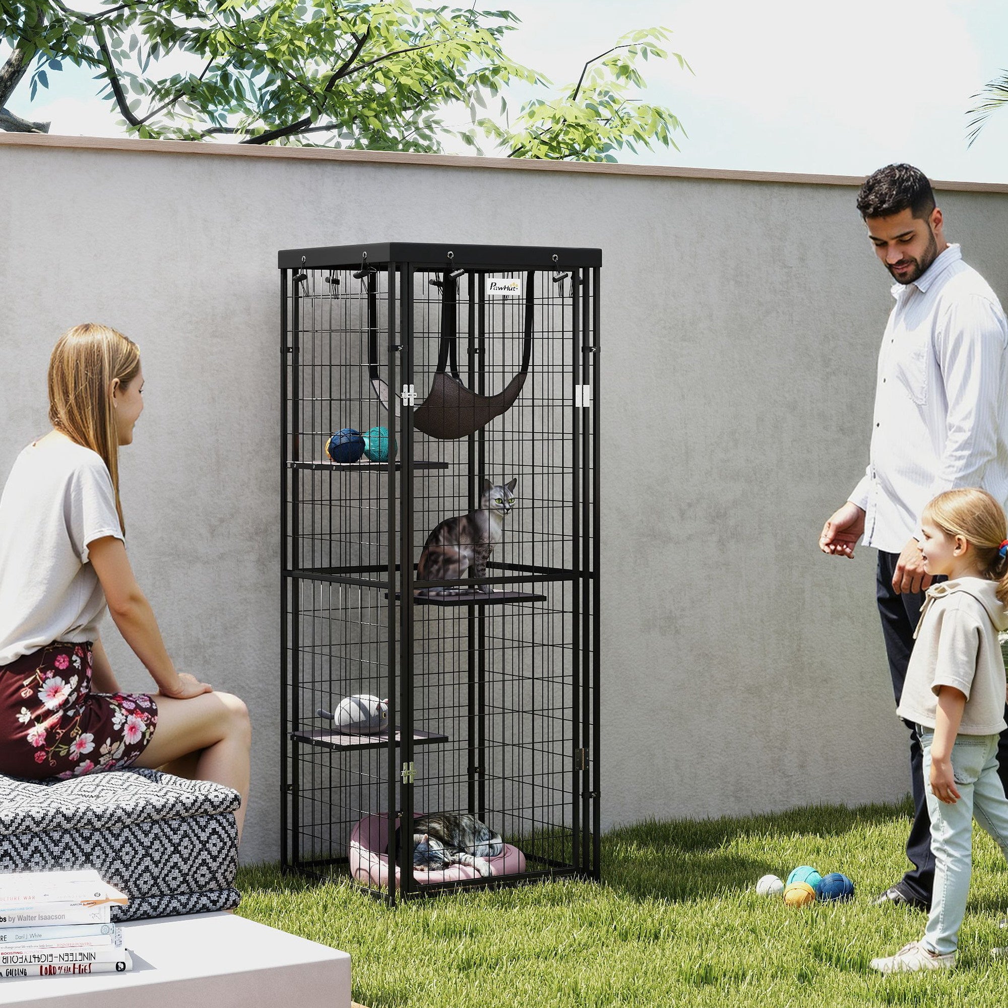Gaiola para Gatos Espaçosa com Cobertura Impermeável 61,5x55x157 cm Preto