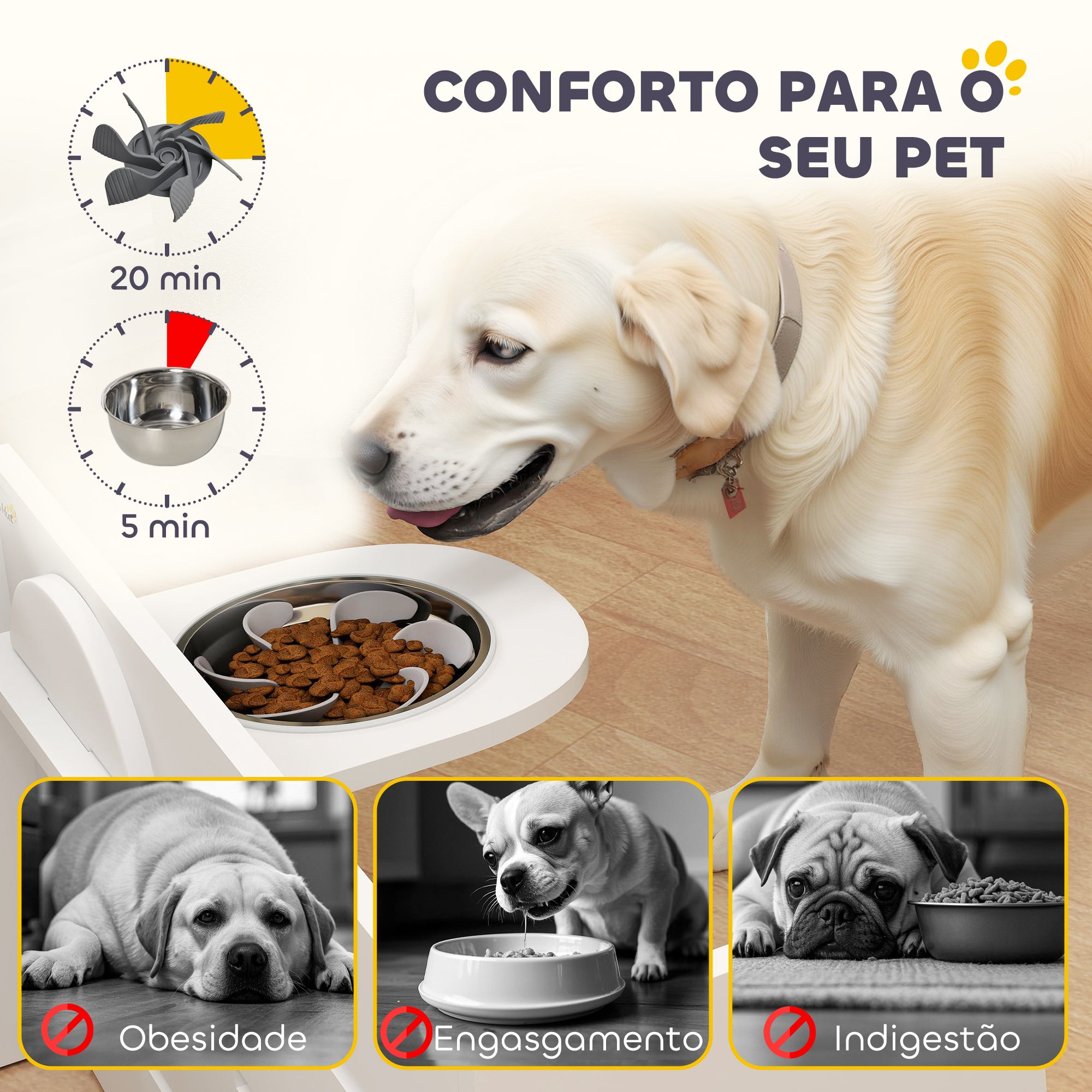 Comedouro Elevado para Cães – 63x58,5x40 cm – Branco – MDF e aço inoxidável