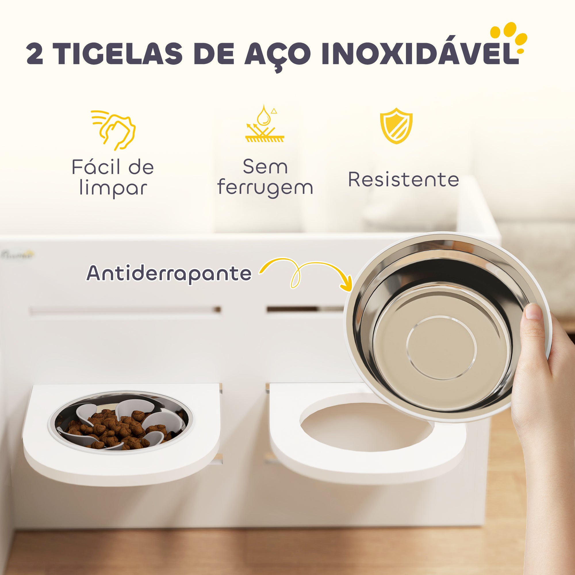 Comedouro Elevado para Cães – 63x58,5x40 cm – Branco – MDF e aço inoxidável