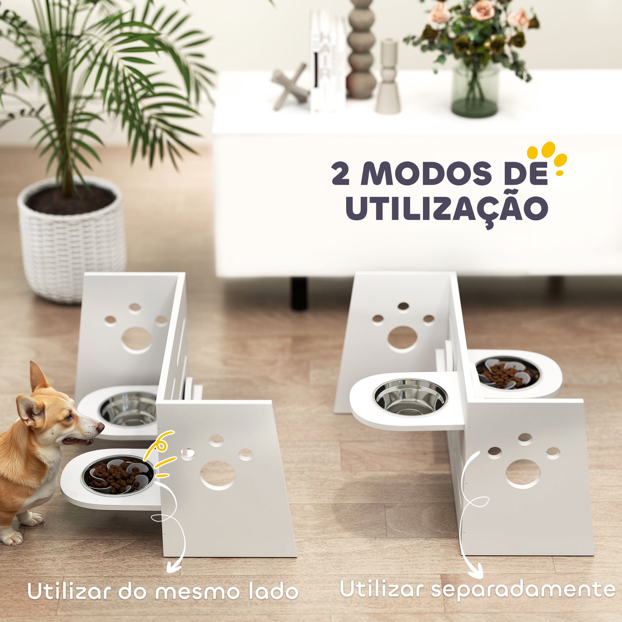Comedouro Elevado para Cães – 63x58,5x40 cm – Branco – MDF e aço inoxidável