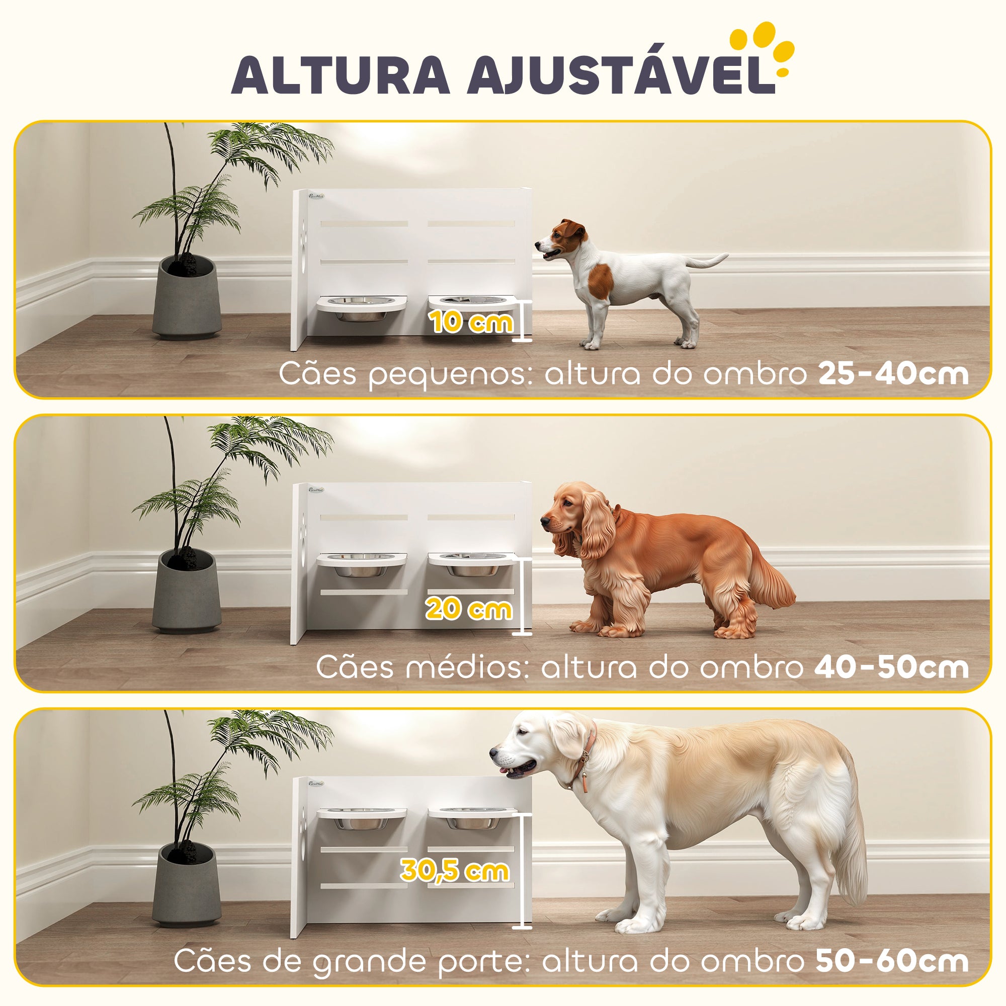 Comedouro Elevado para Cães – 63x58,5x40 cm – Branco – MDF e aço inoxidável