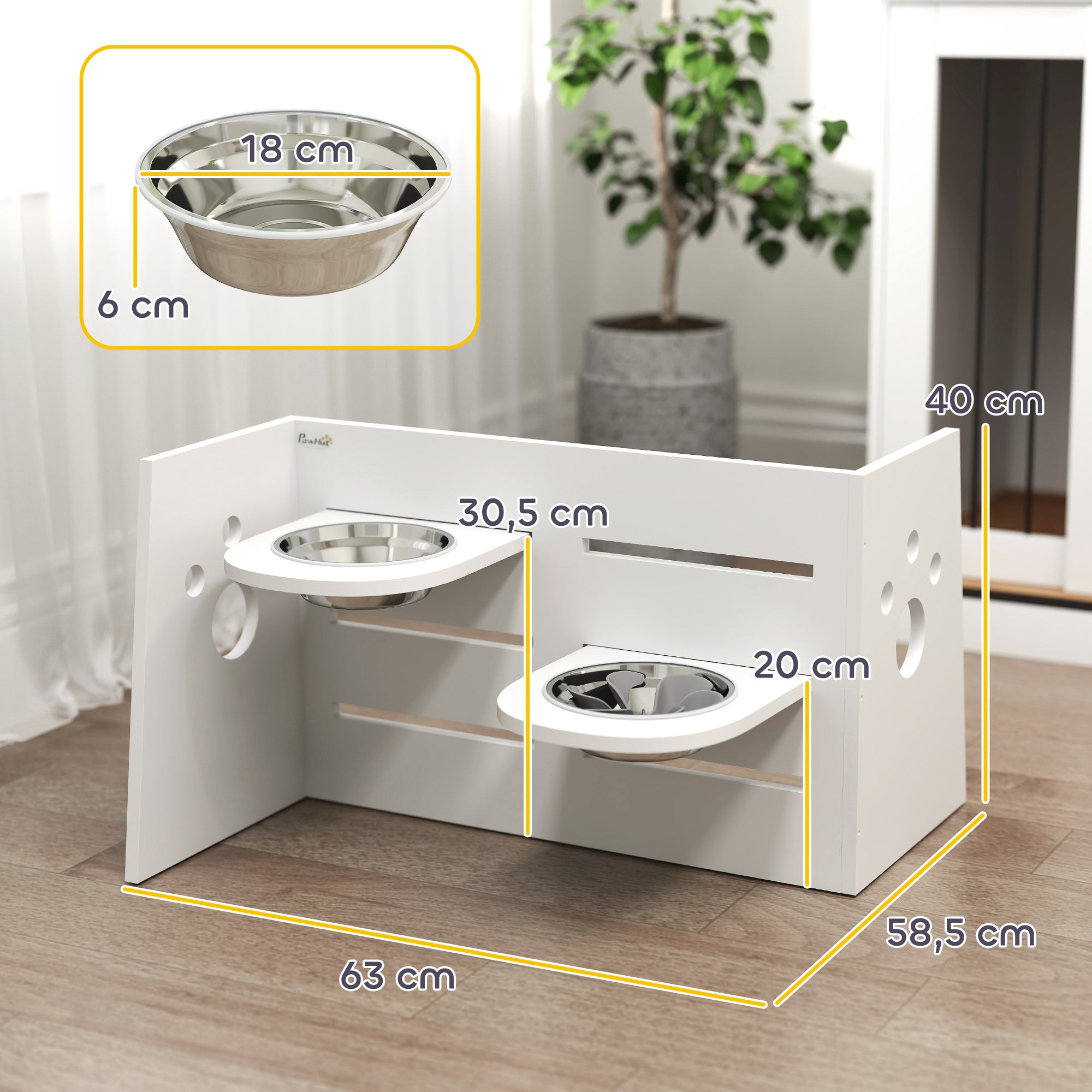 Comedouro Elevado para Cães – 63x58,5x40 cm – Branco – MDF e aço inoxidável