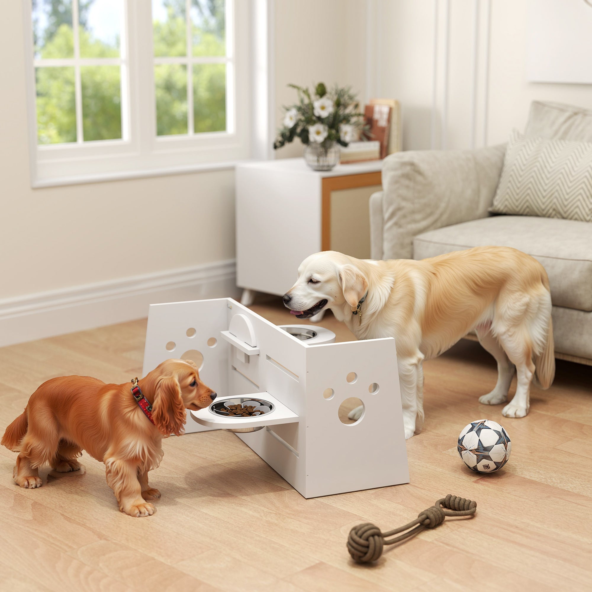 Comedouro Elevado para Cães – 63x58,5x40 cm – Branco – MDF e aço inoxidável