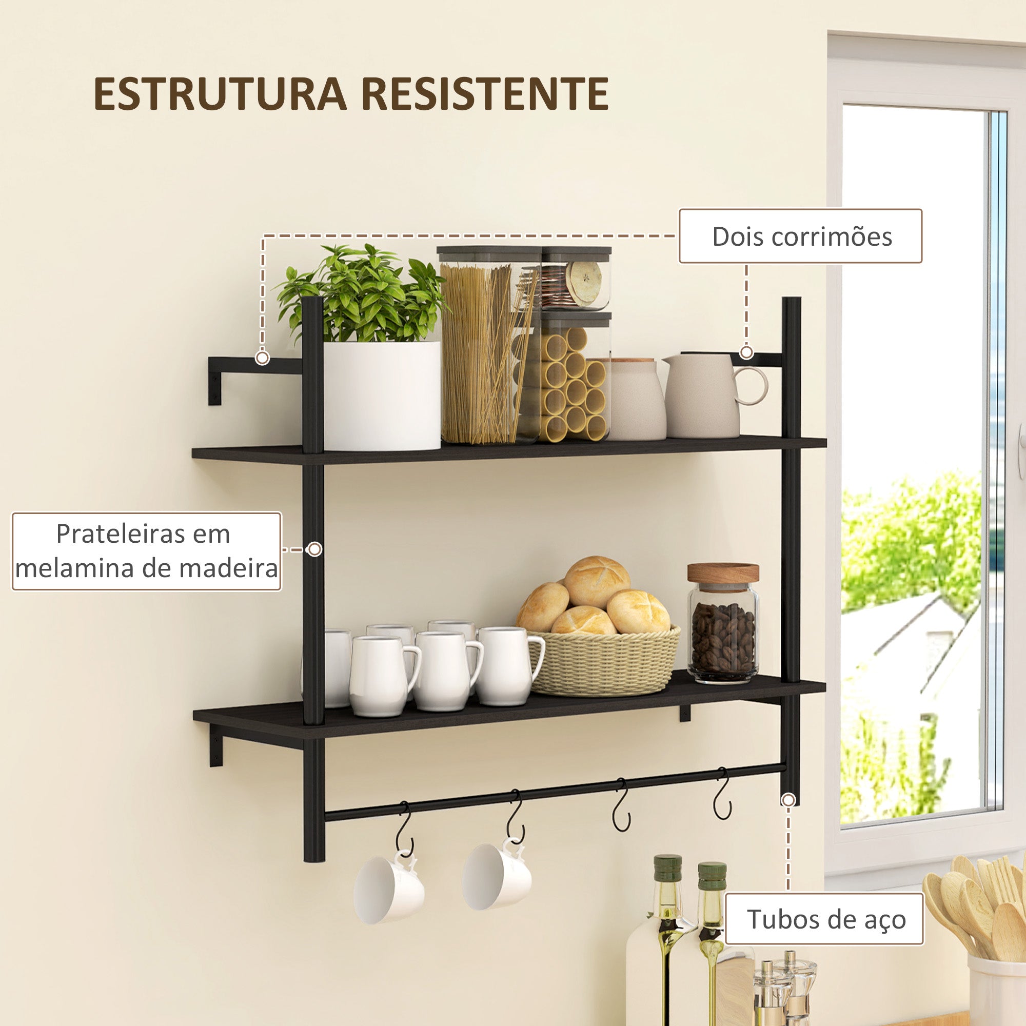 Estante de Parede de 2 Níveis com 4 Ganchos – 80x24x65 cm – Cor Preto – Melamina e Aço