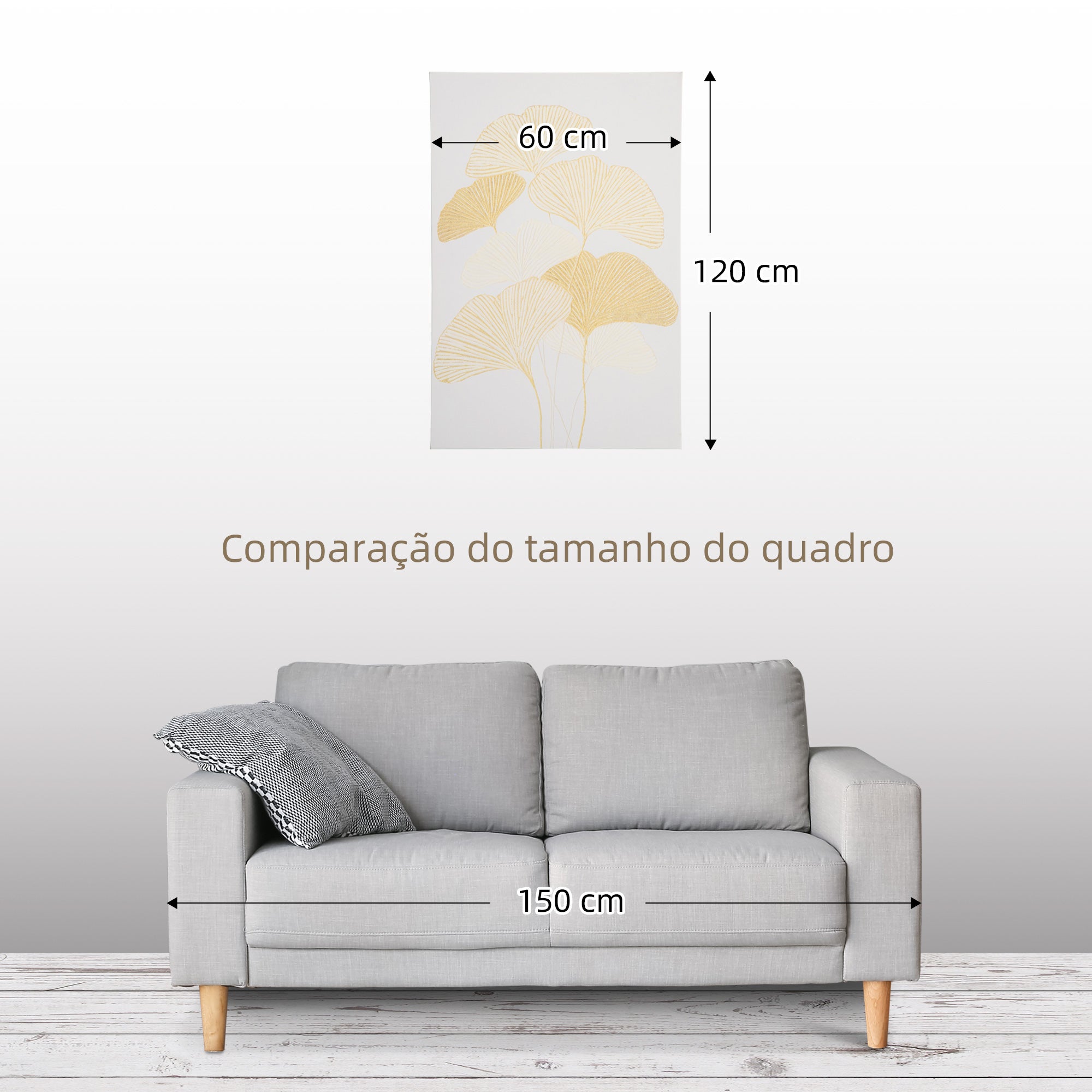 Quadro de Parede Folhas de Ginkgo Biloba 90x60 cm - Branco e Dourado