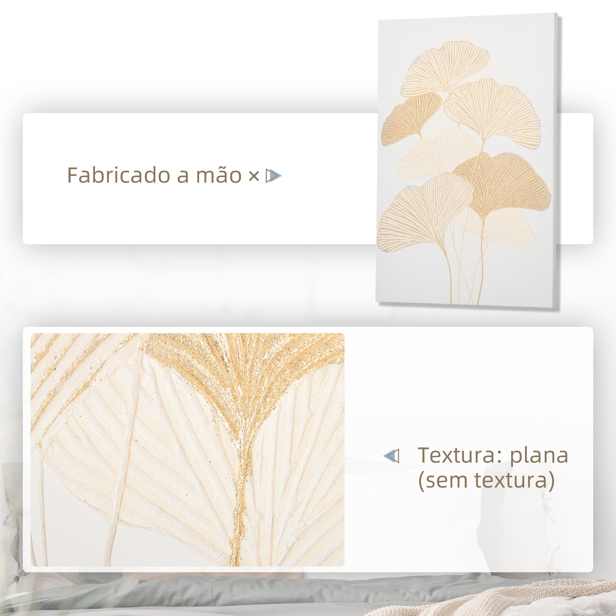 Quadro de Parede Folhas de Ginkgo Biloba 90x60 cm - Branco e Dourado