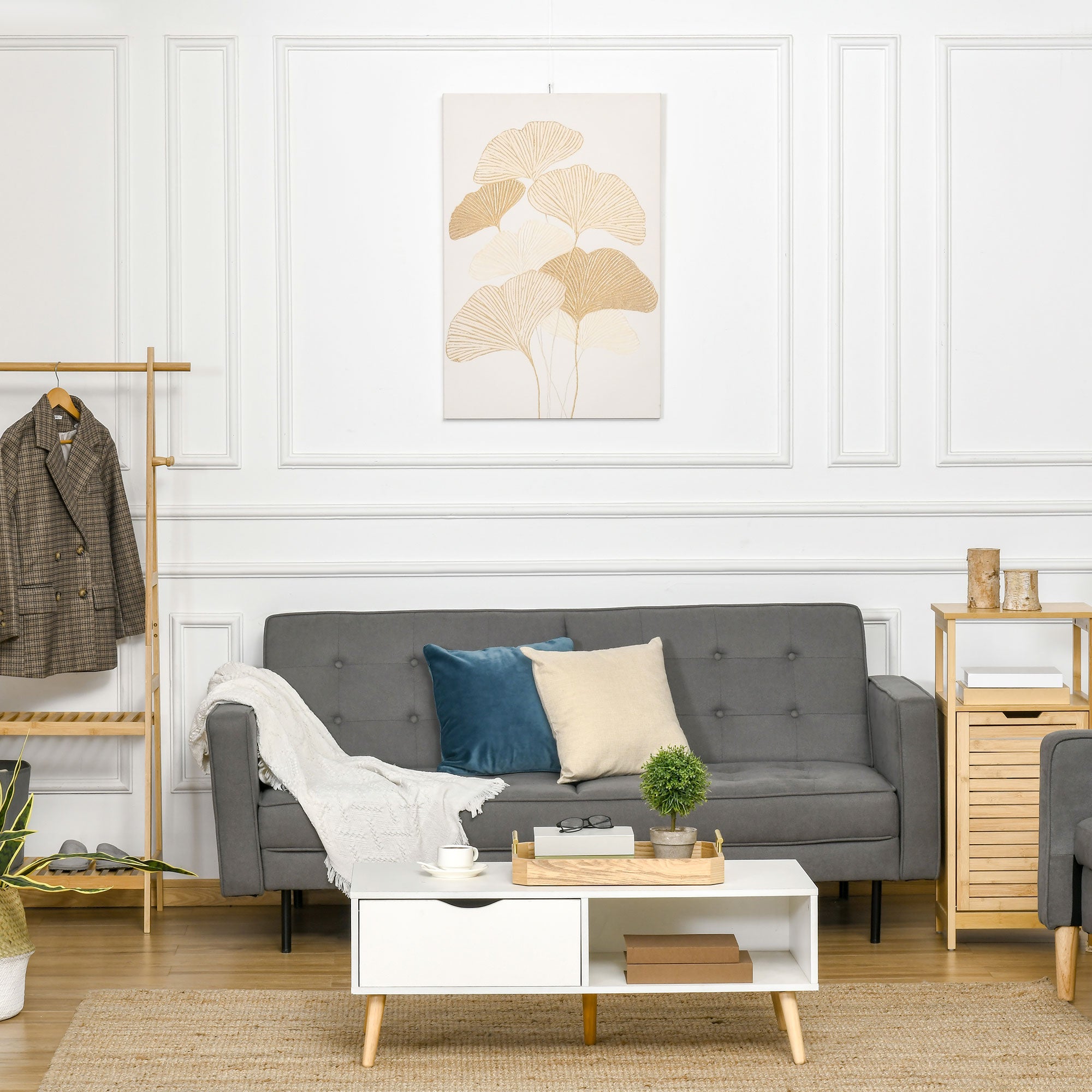 Quadro de Parede Folhas de Ginkgo Biloba 90x60 cm - Branco e Dourado