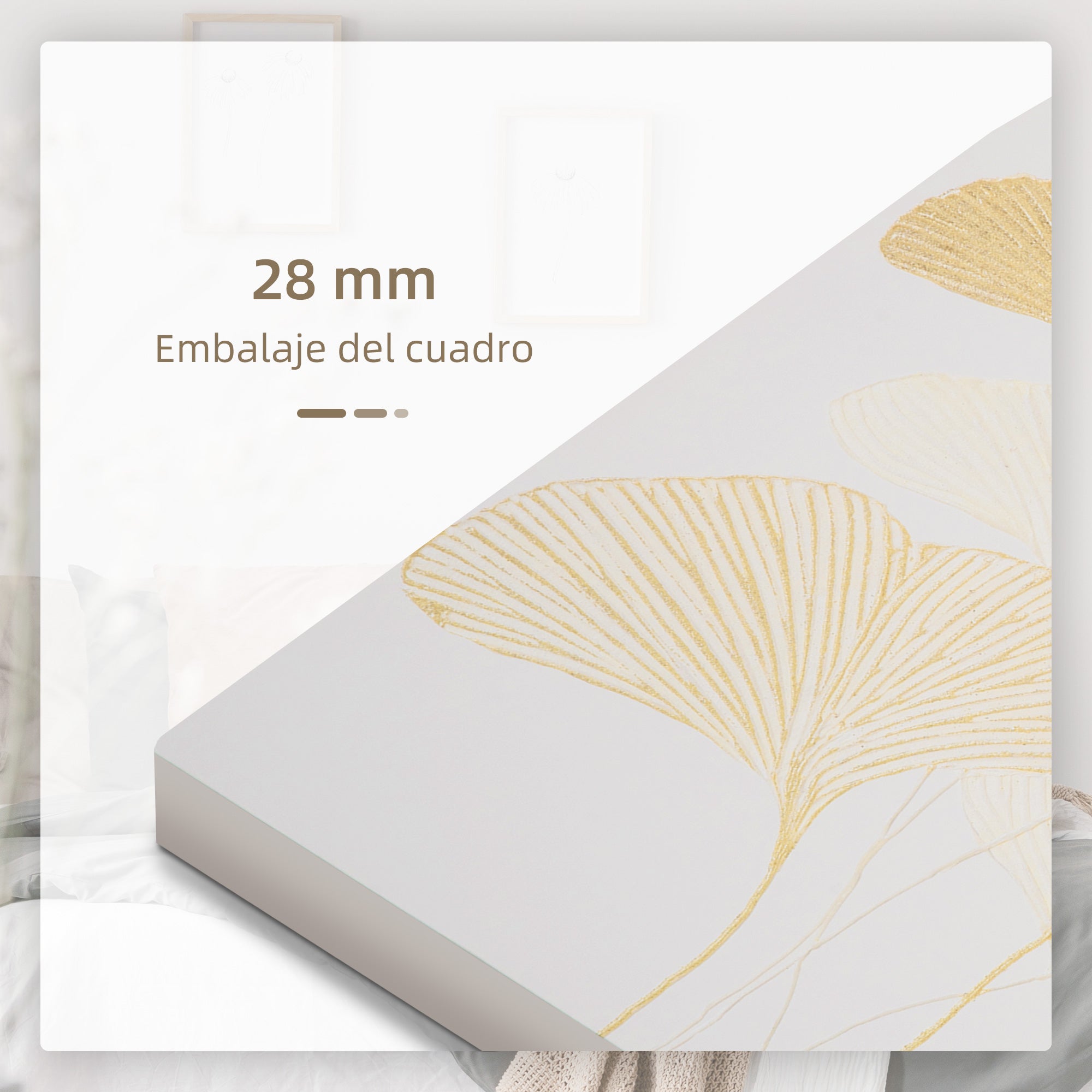 Quadro de Parede Folhas de Ginkgo Biloba 90x60 cm - Branco e Dourado