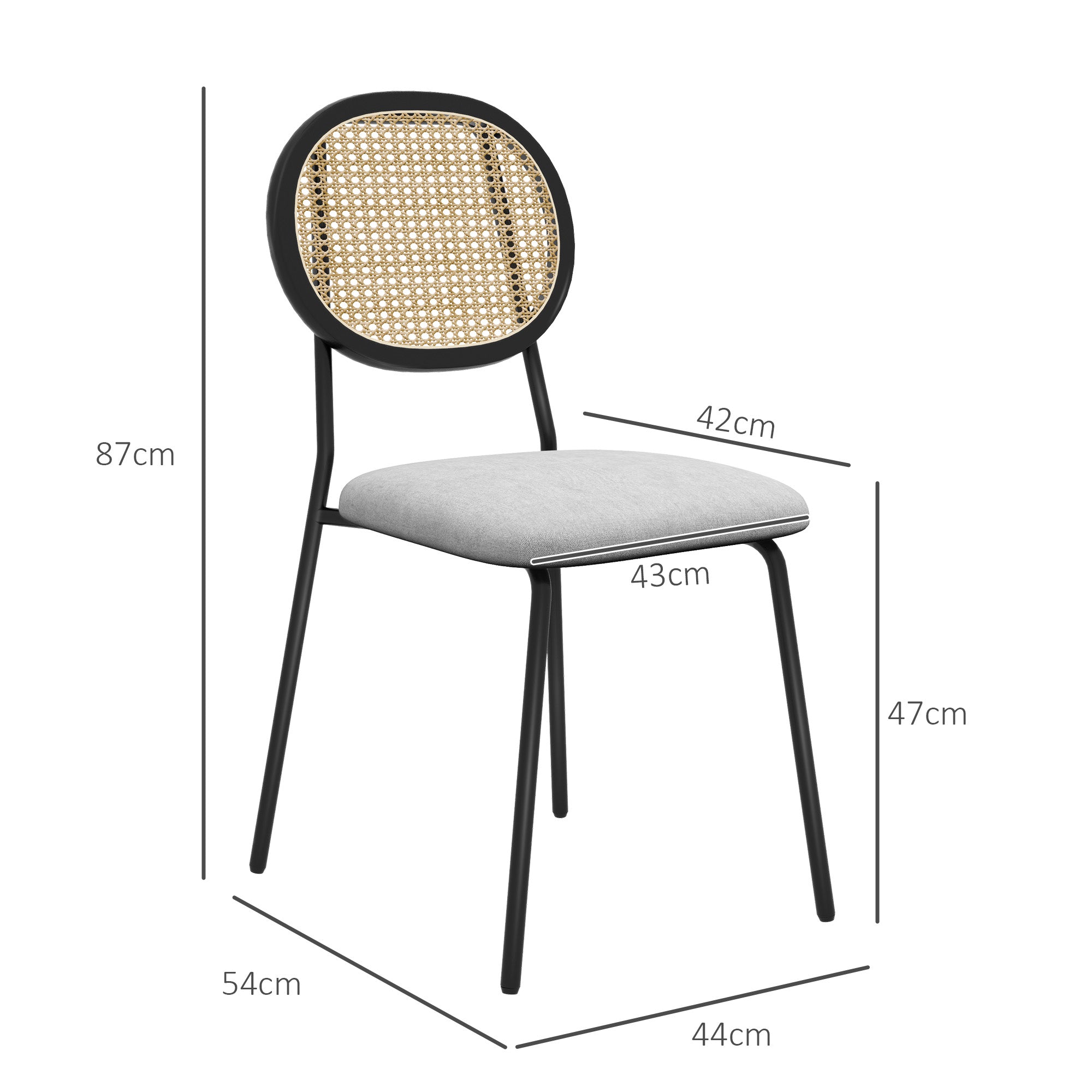 Conjunto de Cadeiras de Sala de Jantar – 44x54x87 cm – Cinzento – Vime Sintético, Tecido de Linho Sintético e Aço