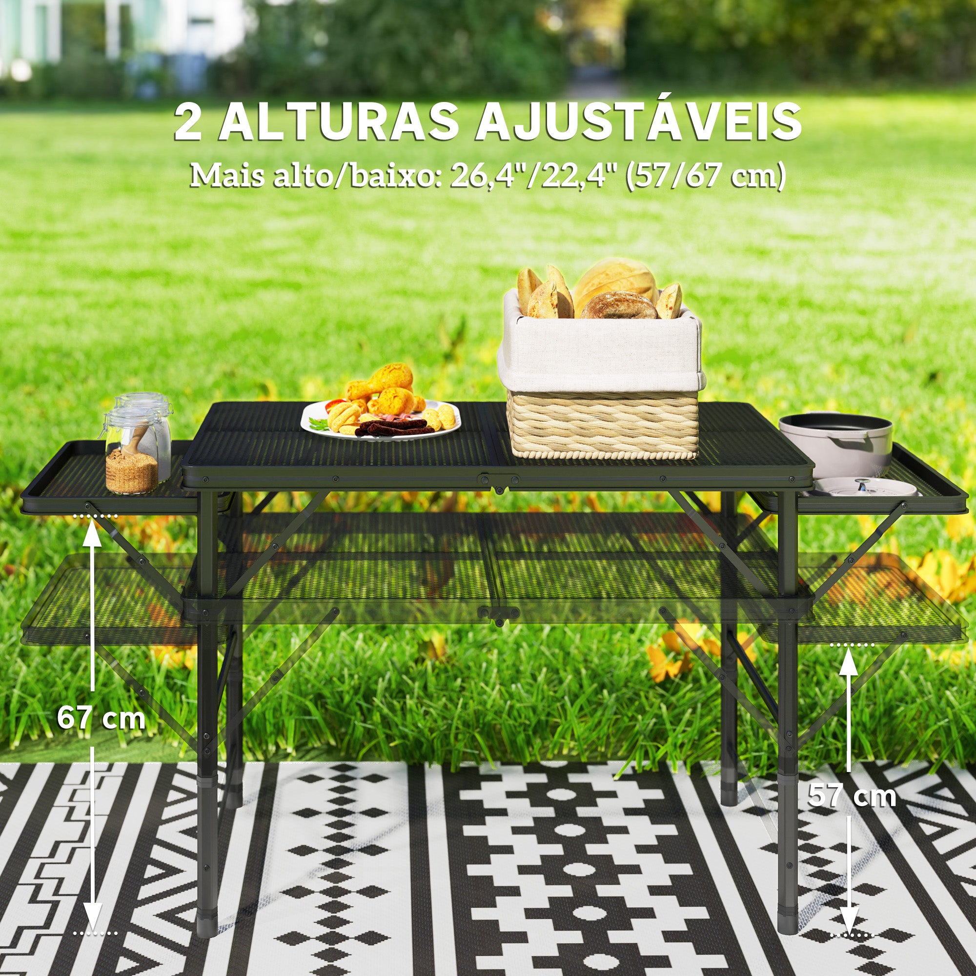 Mesa Dobrável de Campismo Alumínio 137x62x57-67 cm Preto