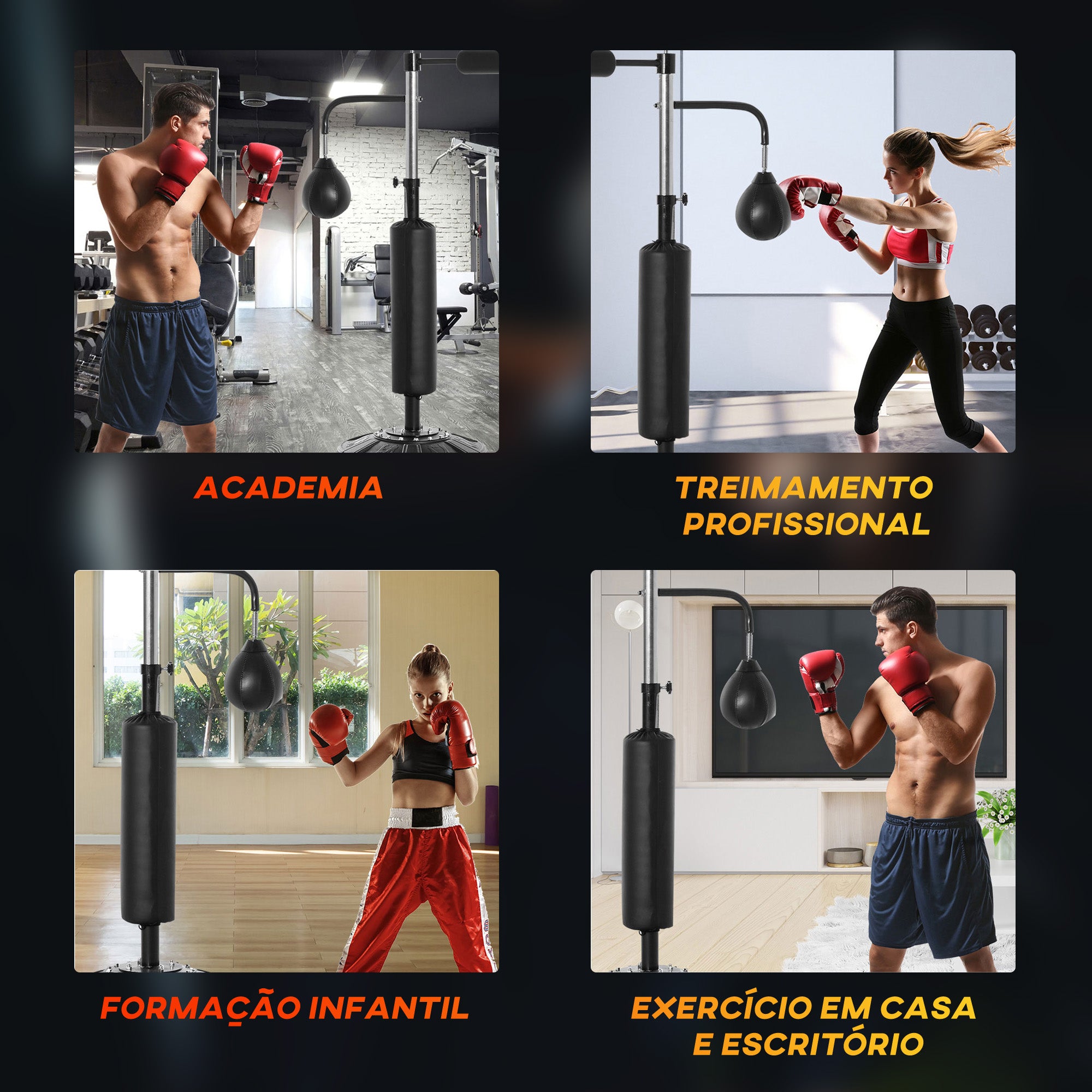 Punching Ball de Boxe com Altura Ajustável 88x50x230 cm - Cor Preto - Aço, Couro PU e PEAD