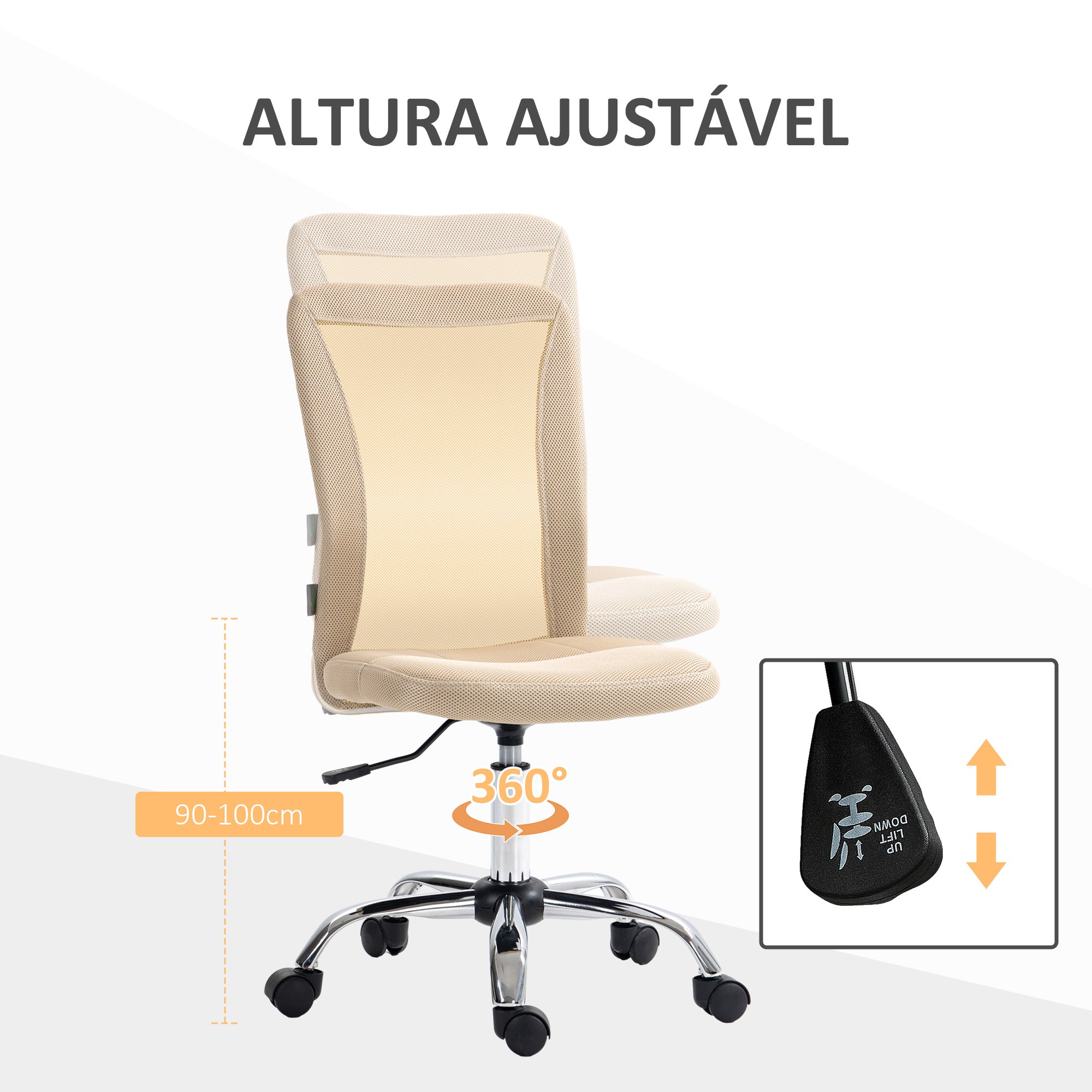 Cadeira de Escritório – 43x56x90-100 cm – Bege – Aço, Malha, Espuma e Nylon