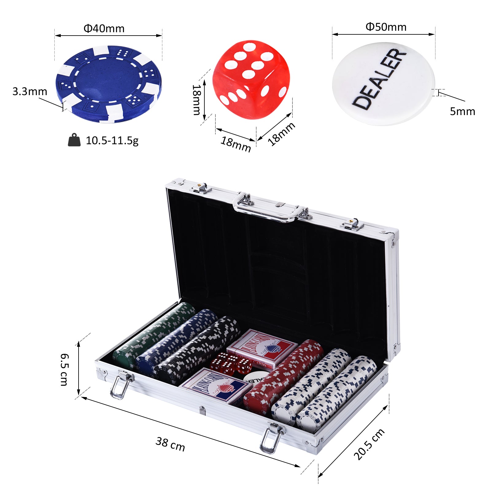 Maleta de Poker Profissional com 300 Fichas Multicoloridas 38x20,5x6,5cm