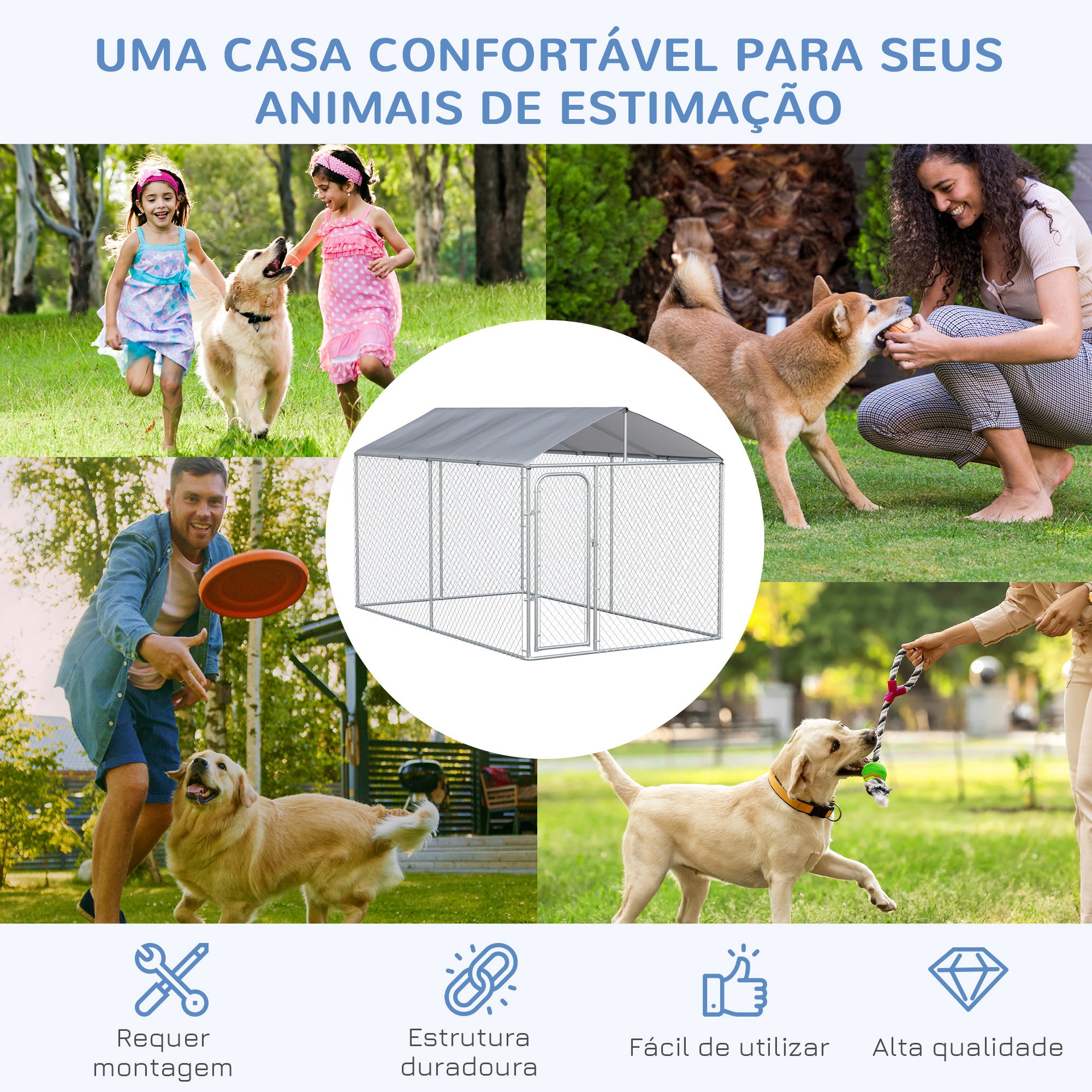 Canil de Exterior Prata 400x230x232 cm com Toldo Anti-UV e Estrutura de Metal Galvanizado