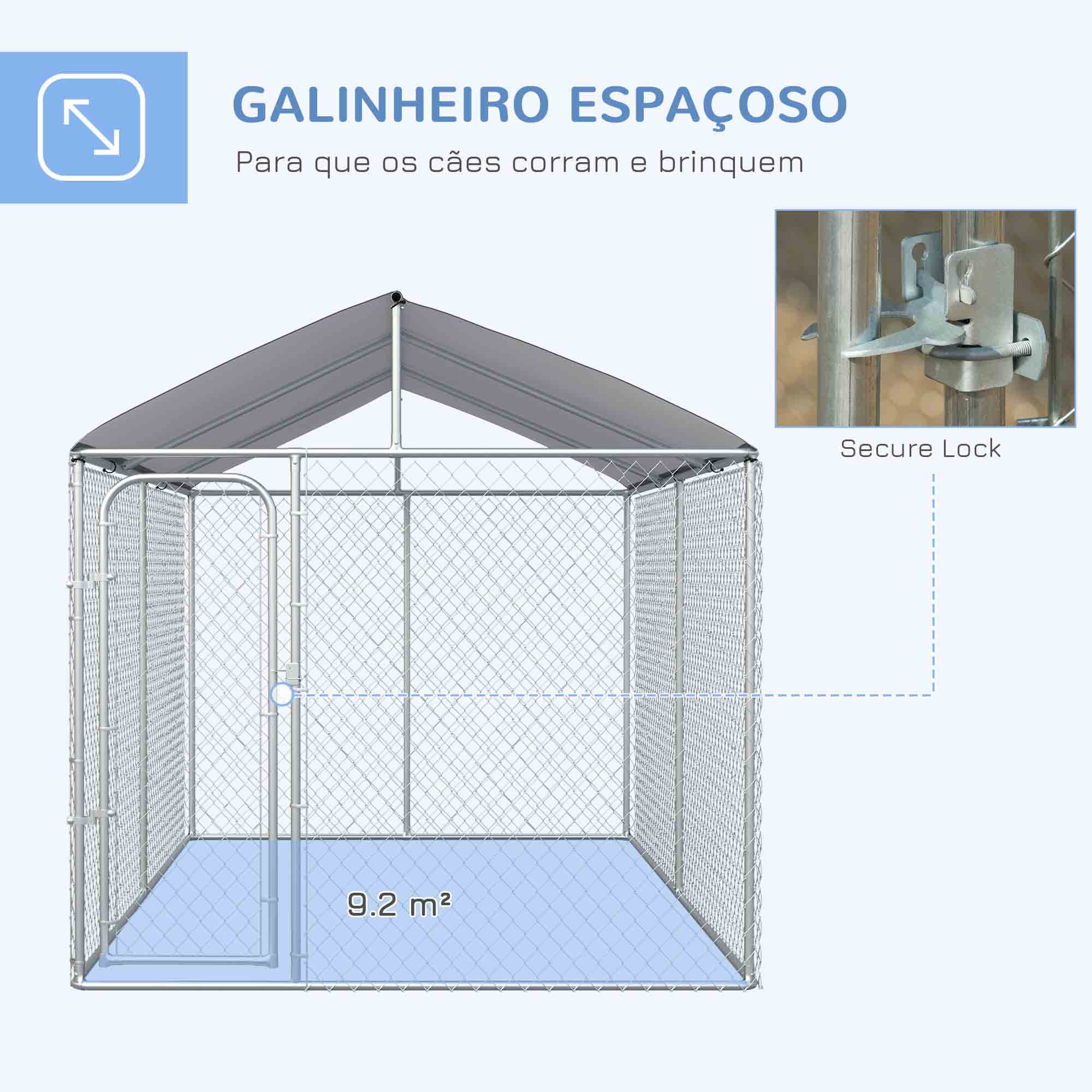 Canil de Exterior Prata 400x230x232 cm com Toldo Anti-UV e Estrutura de Metal Galvanizado