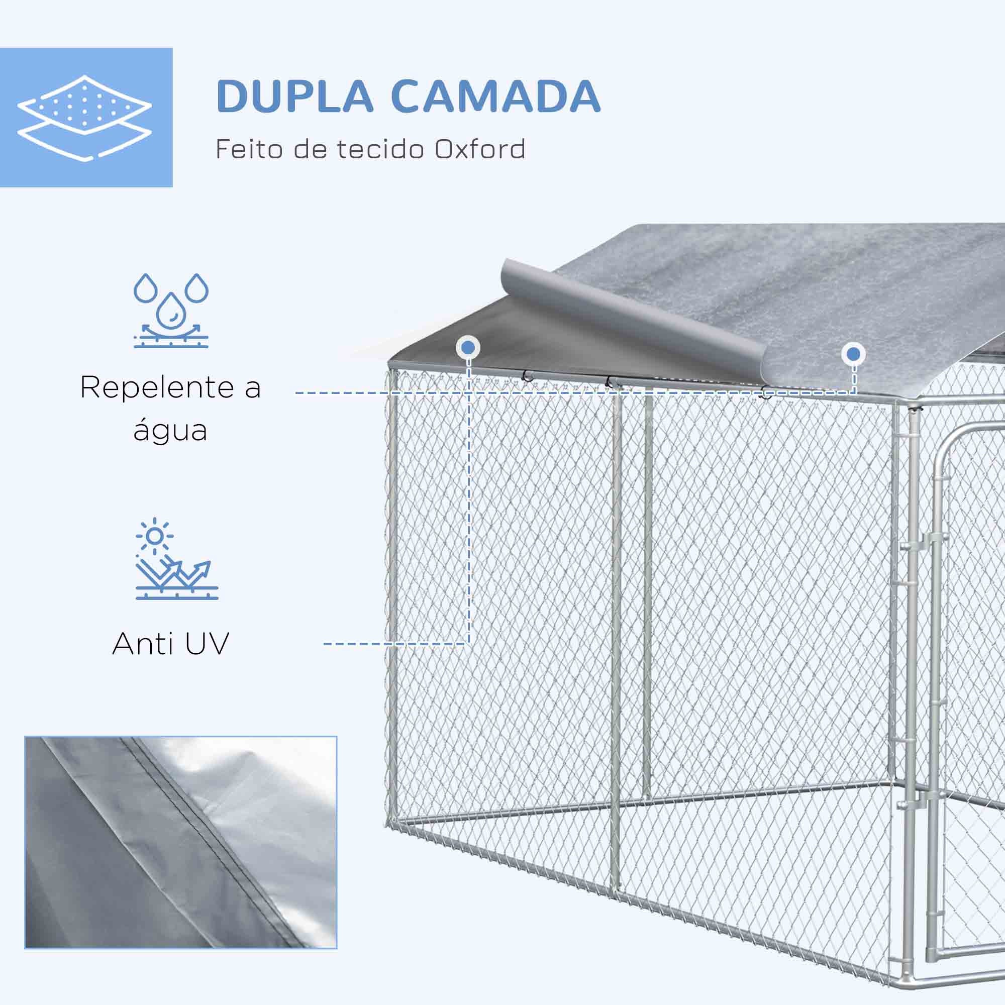 Canil de Exterior Prata 400x230x232 cm com Toldo Anti-UV e Estrutura de Metal Galvanizado