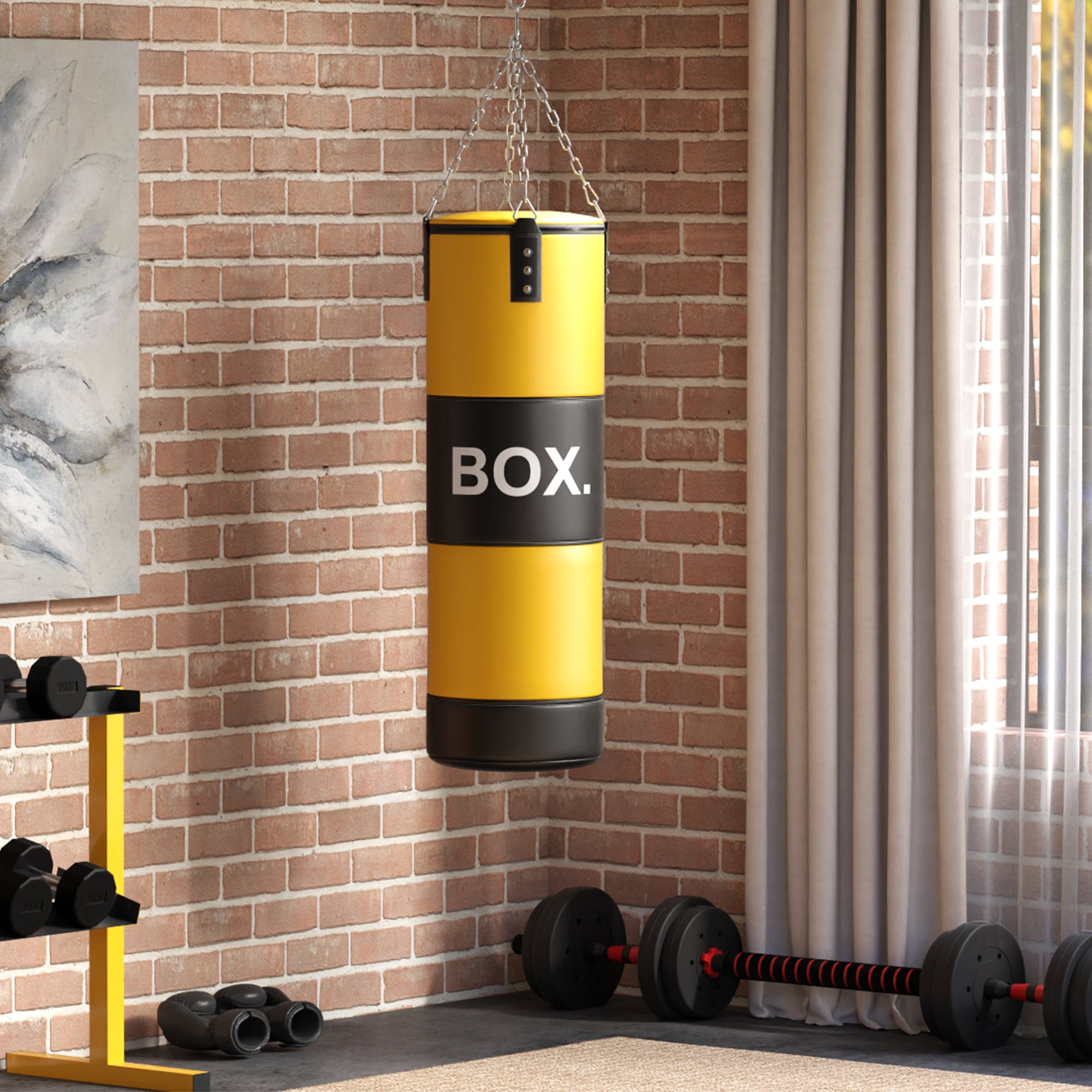 Saco de Boxe – 32x32x135 cm – Amarelo e Preto – Plástico e Aço