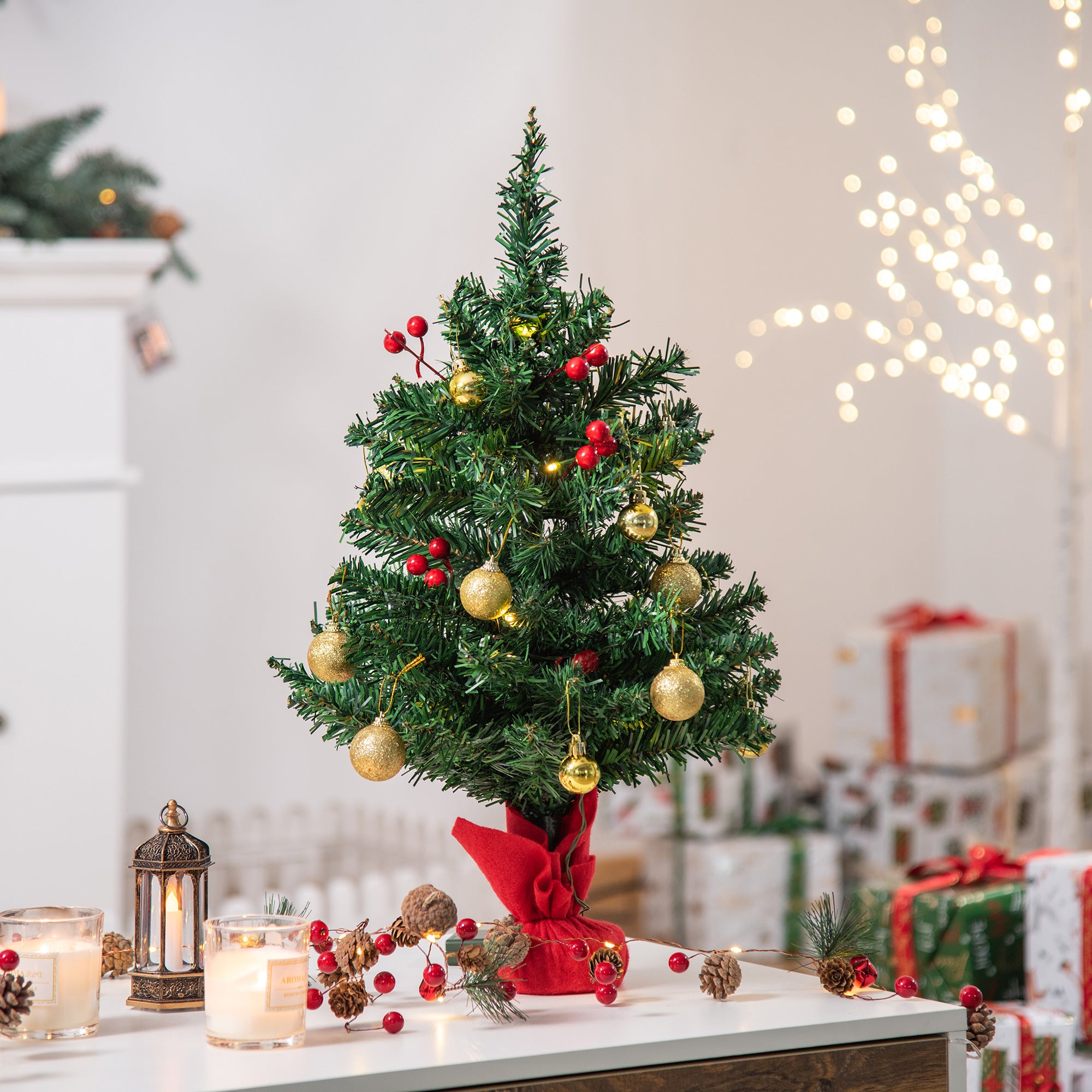 Mini Árvore de Natal 60cm Verde Ø40x60cm com Luzes LED e Decorações
