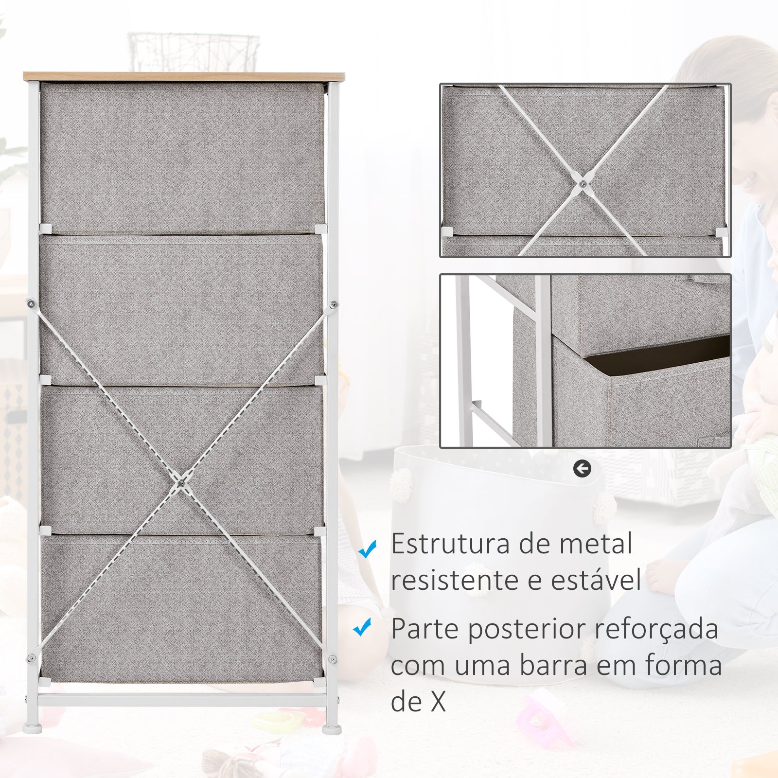 Organizador de Cômoda com 4 Gavetas 45x30x92cm - Branco e Cinza