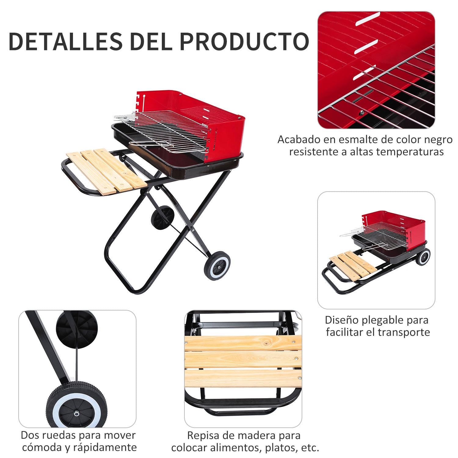 Churrasqueira a Carvão Portátil e Dobrável com 2 Rodas - 57x64x83 cm - Preto e Vermelho