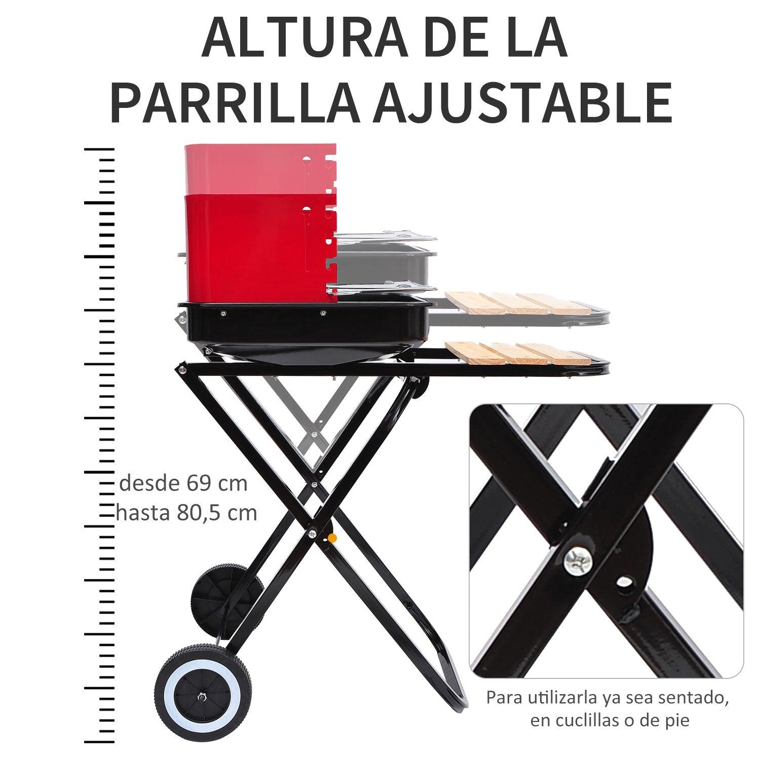 Churrasqueira a Carvão Portátil e Dobrável com 2 Rodas - 57x64x83 cm - Preto e Vermelho