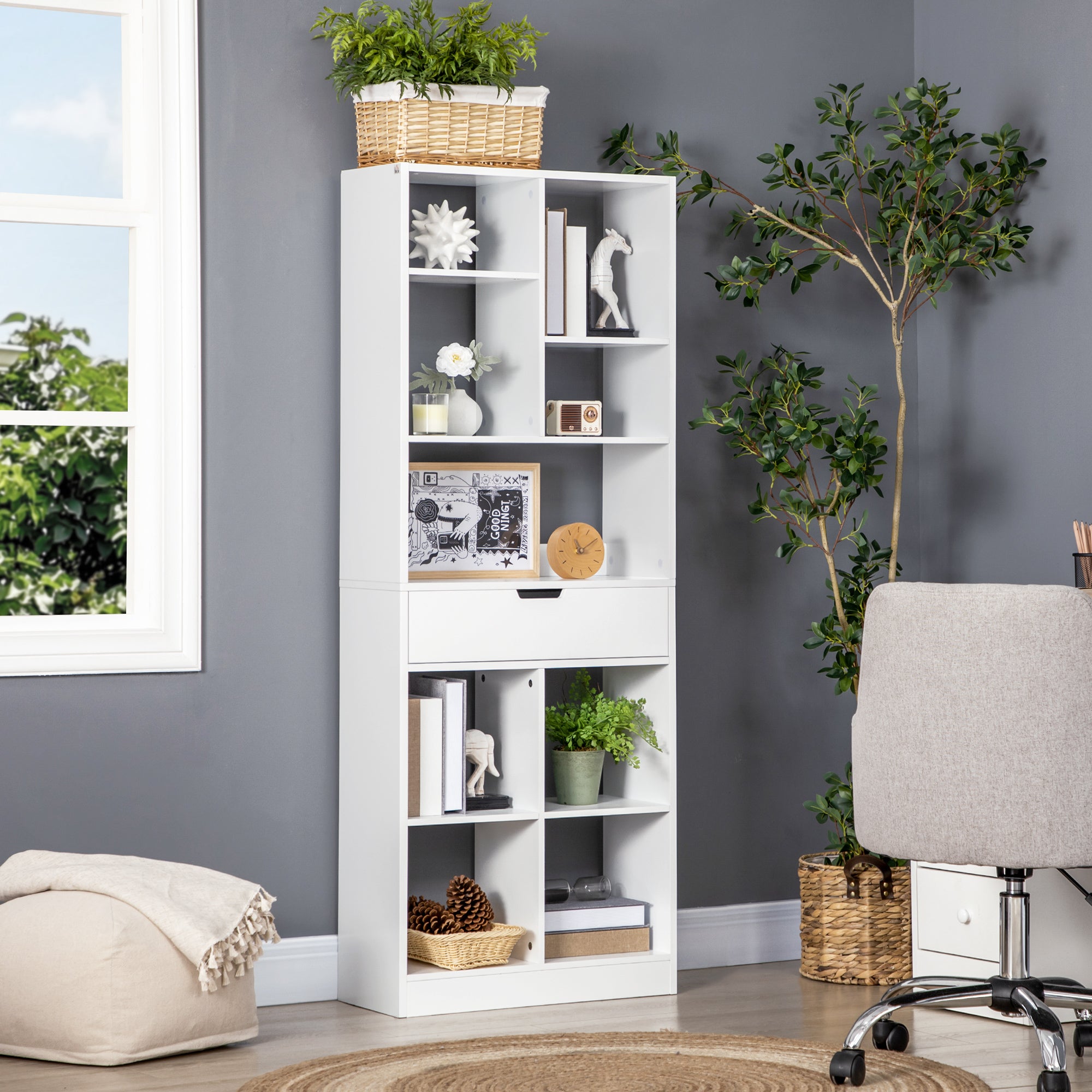 Estante de Madeira com 1 Gaveta e 9 Compartimentos de Armazenamento 60x26x158cm - Branco