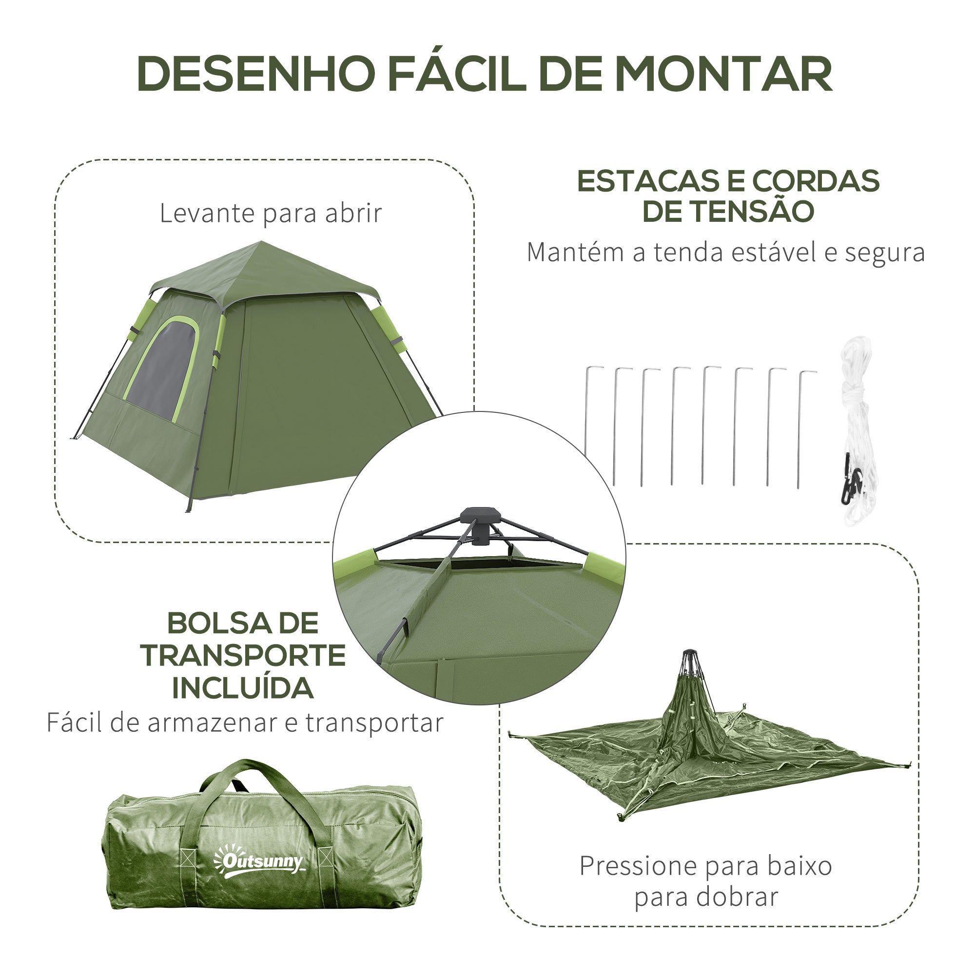 Tenda de Campismo – 210x210x150 cm – Verde – Poliéster