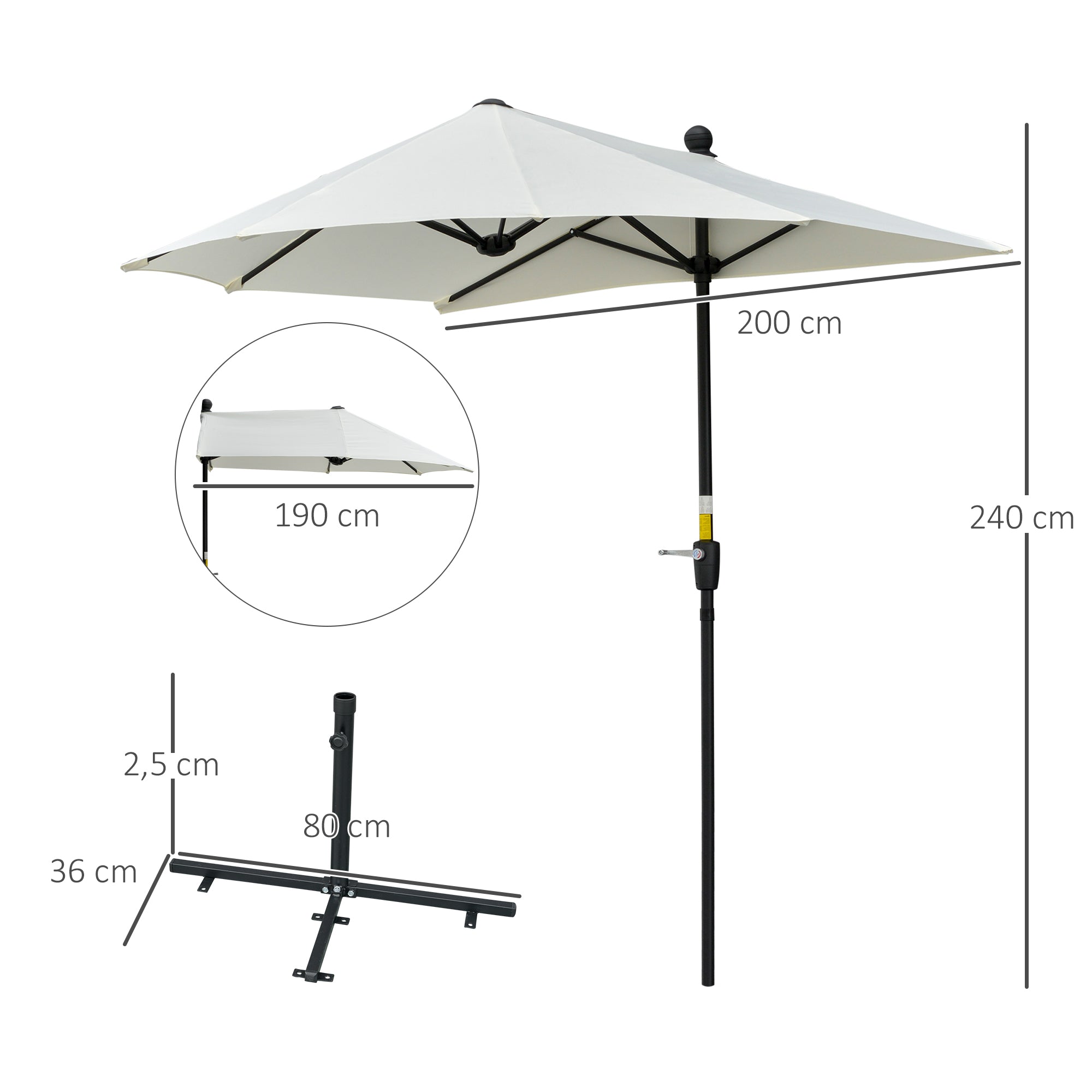 Chapéu de Sol de Parede – 190x200x240 cm – Cor Creme – Poliéster e Aço