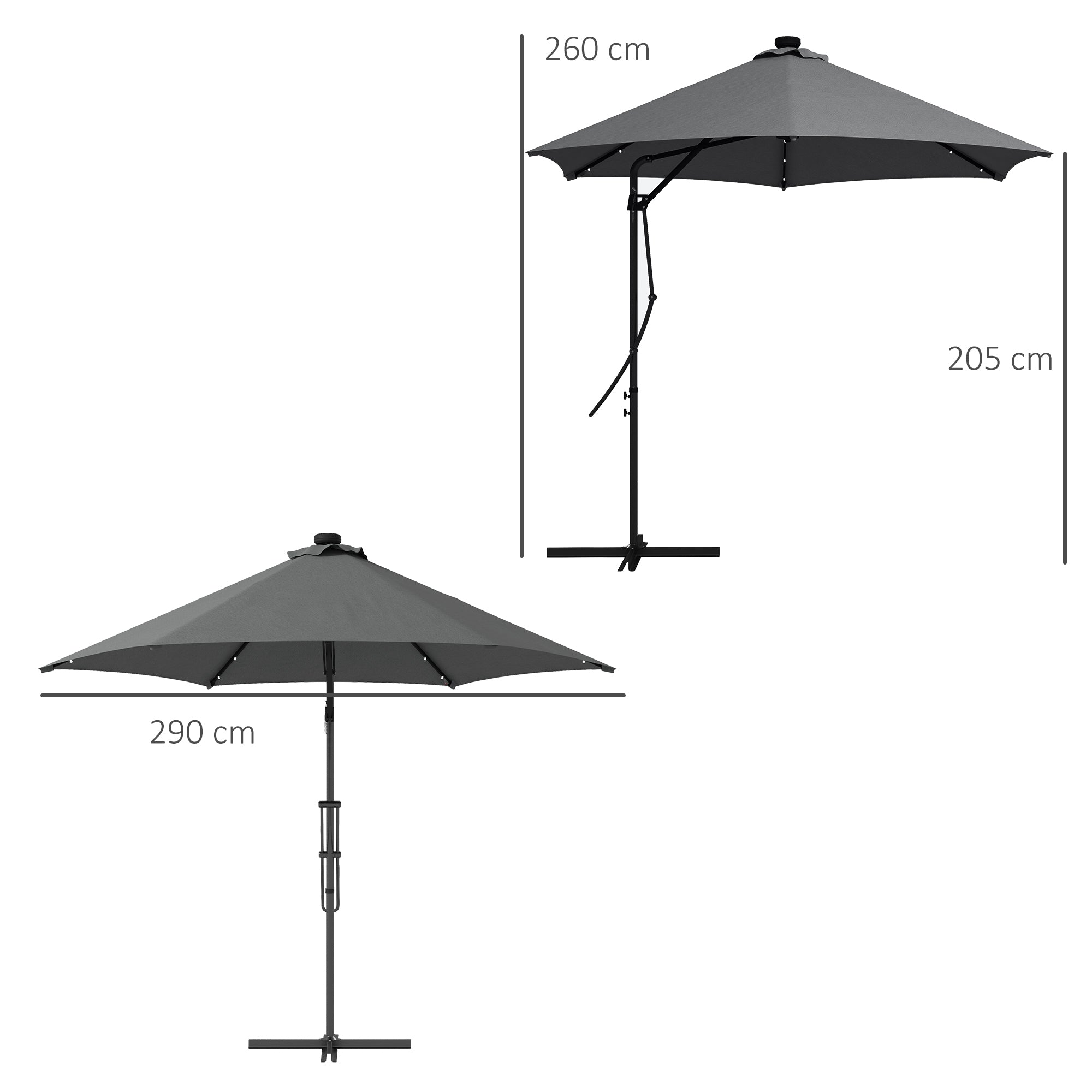 Chapéu de Sol Excentrico Cinza Escuro Ø290x260 cm com Luzes LED