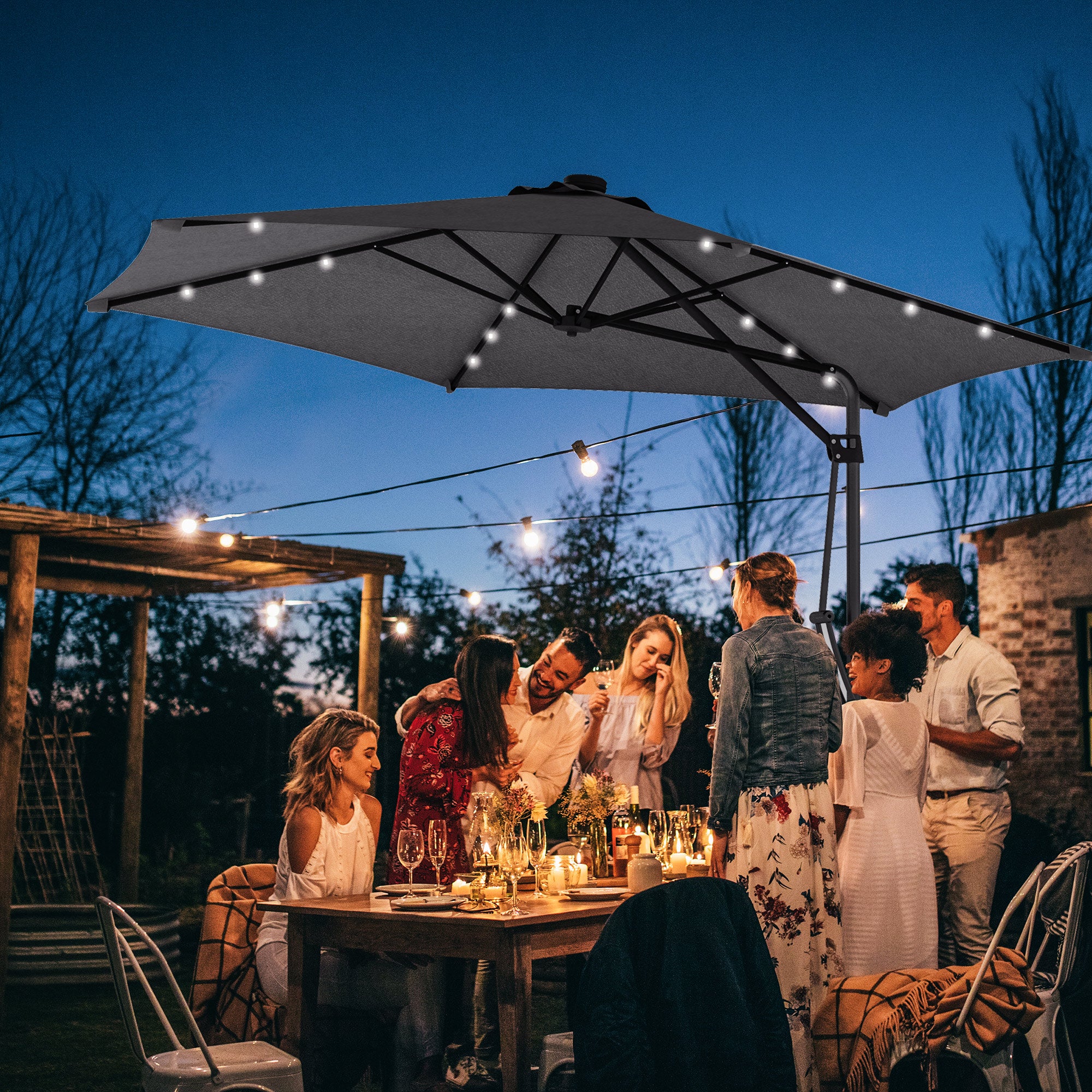 Chapéu de Sol Excentrico Cinza Escuro Ø290x260 cm com Luzes LED