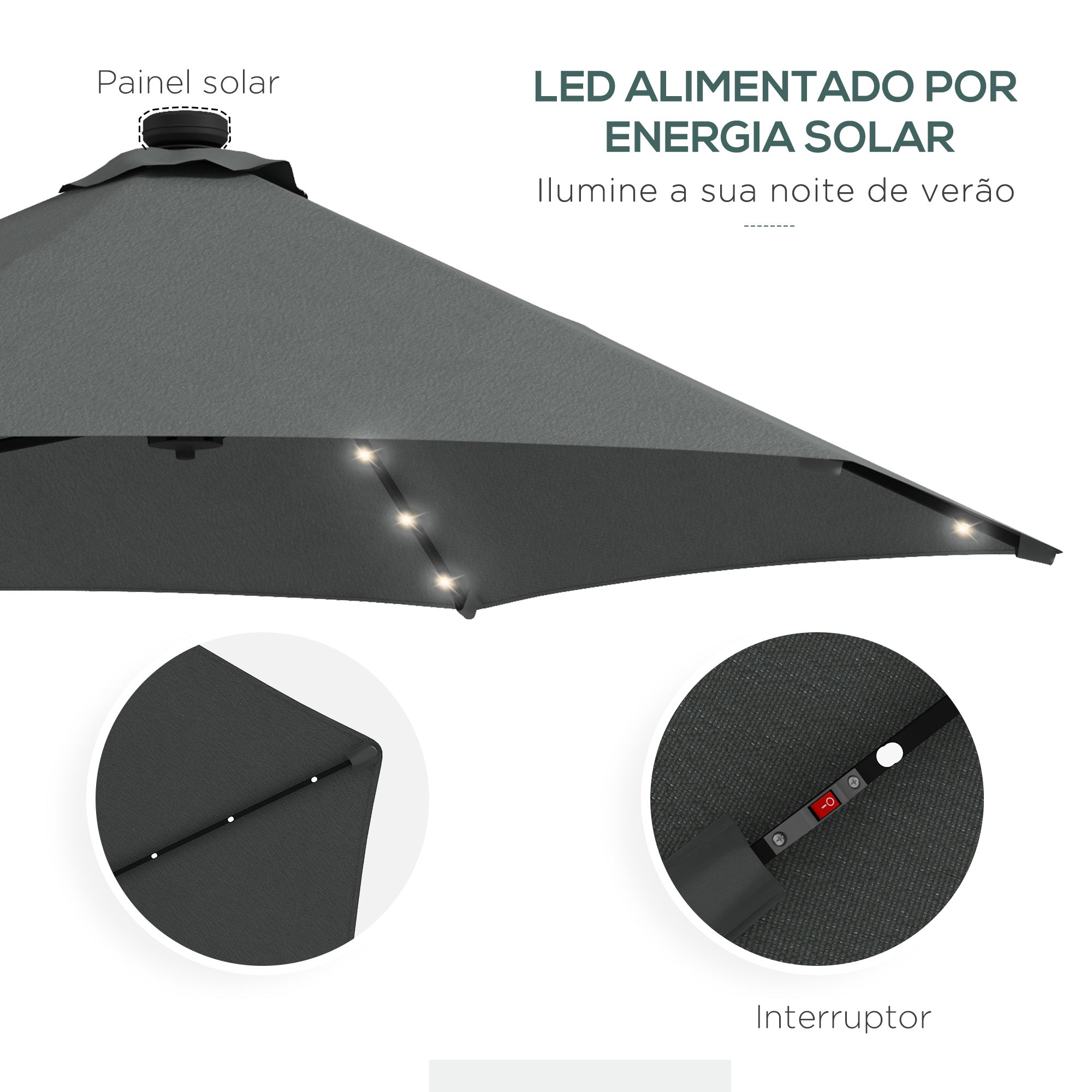 Chapéu de Sol Excentrico Cinza Escuro Ø290x260 cm com Luzes LED