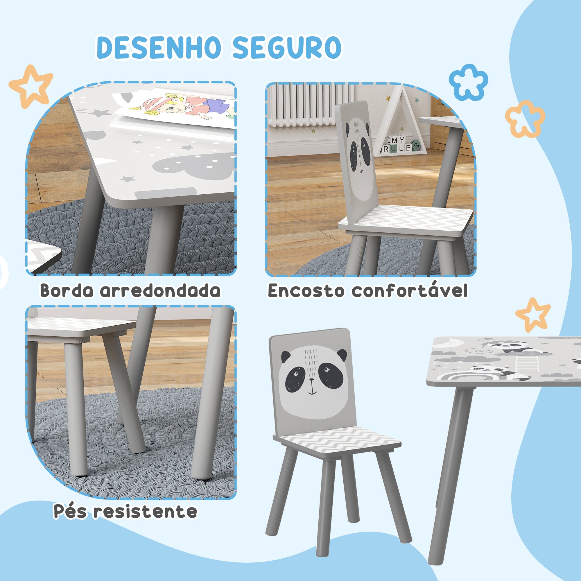 Conjunto de Mesa e Cadeiras para Crianças – 60x60x44 cm – Cinzento – MDF