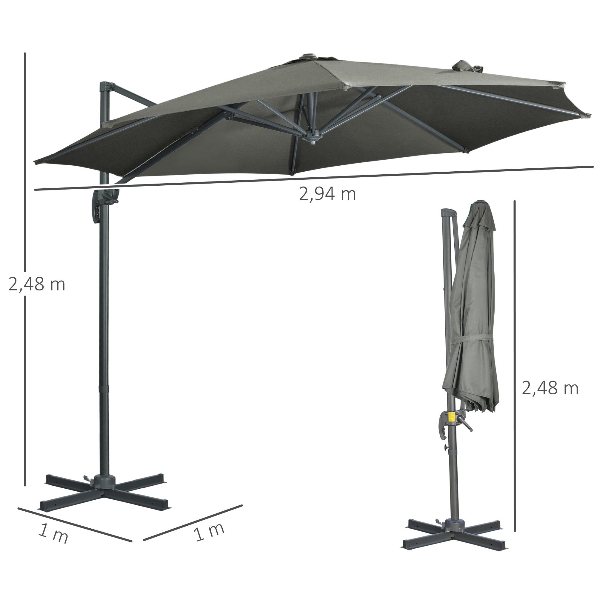Chapéu de Sol de Jardim – Ø293x248 cm – Cinza Escuro – Alumínio, Metal, Poliéster e PC