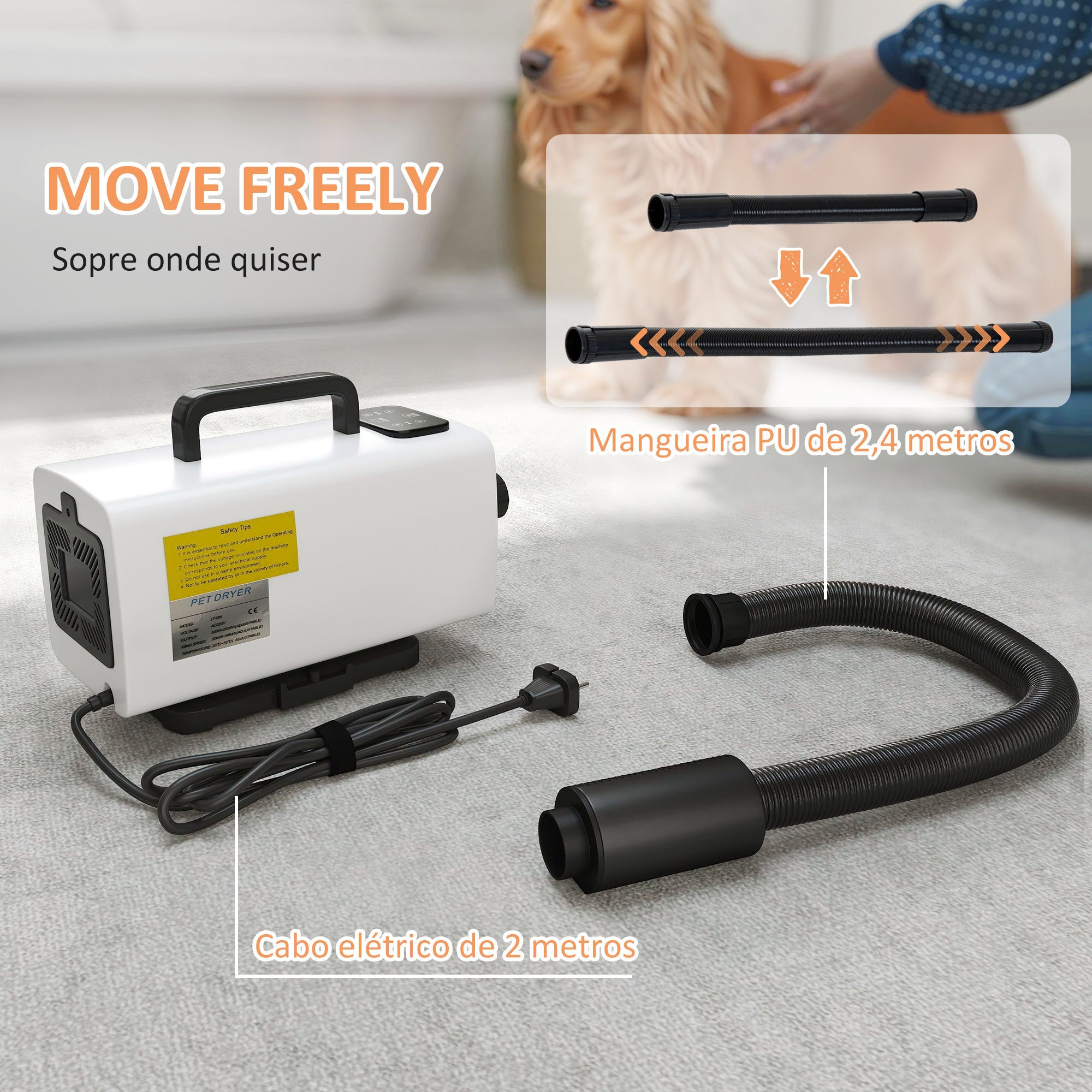 Secador de Cães 2200W Branco 34x16x25 cm - Velocidade e Temperatura Ajustáveis