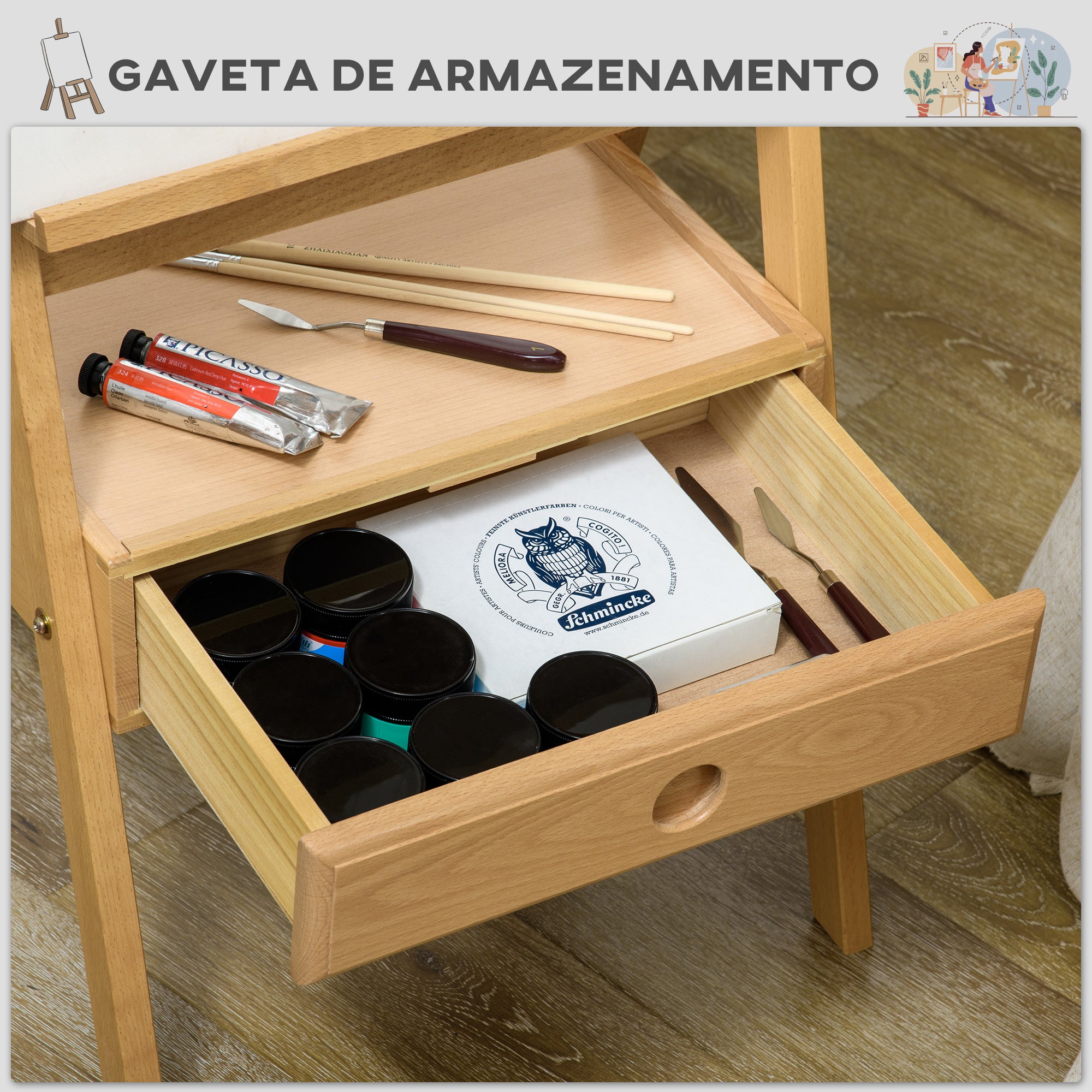 Cavalete de Pintura em Madeira de Faia – 43,5x43x150-190 cm – Natural – Madeira