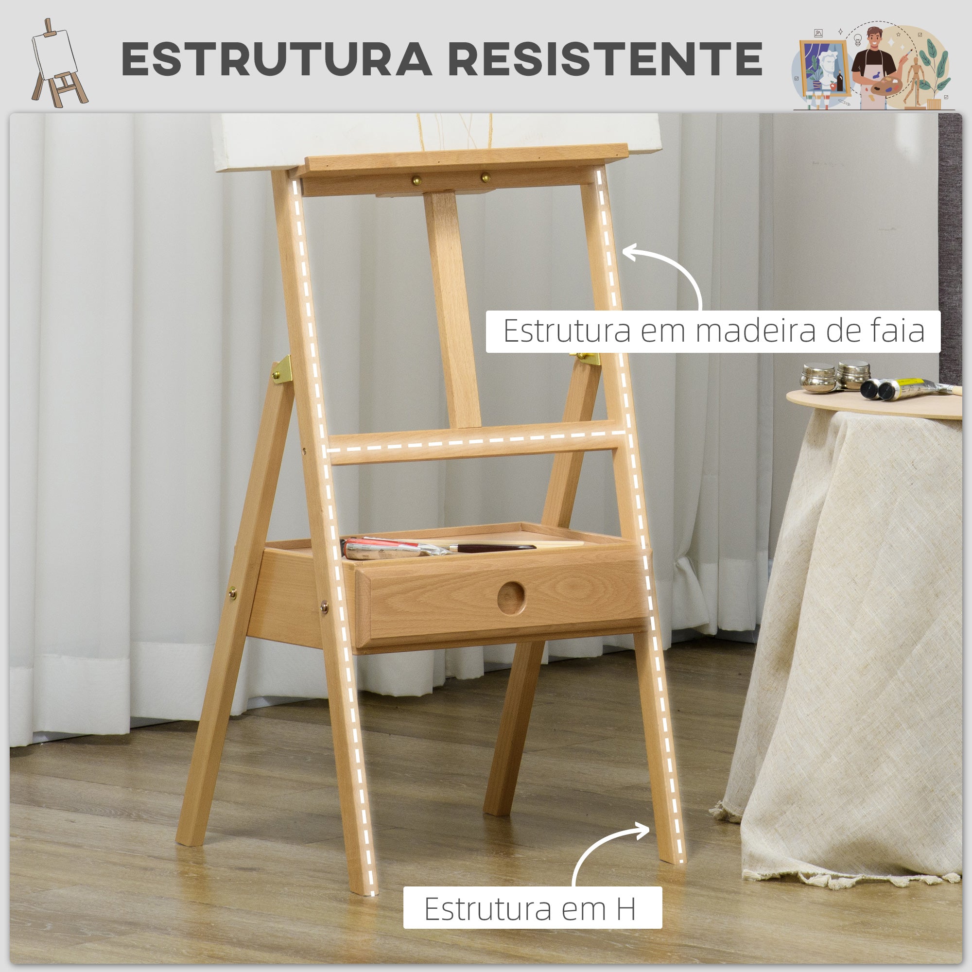 Cavalete de Pintura em Madeira de Faia – 43,5x43x150-190 cm – Natural – Madeira
