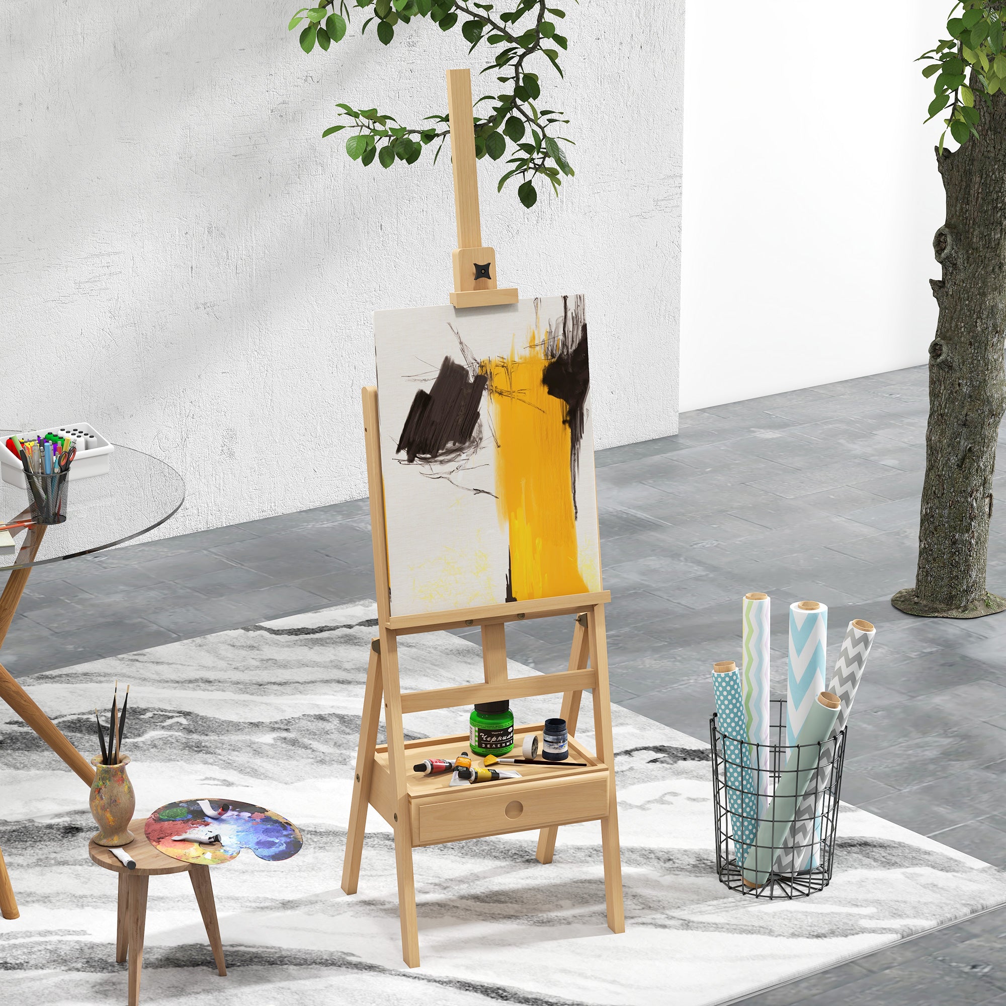 Cavalete de Pintura em Madeira de Faia – 43,5x43x150-190 cm – Natural – Madeira